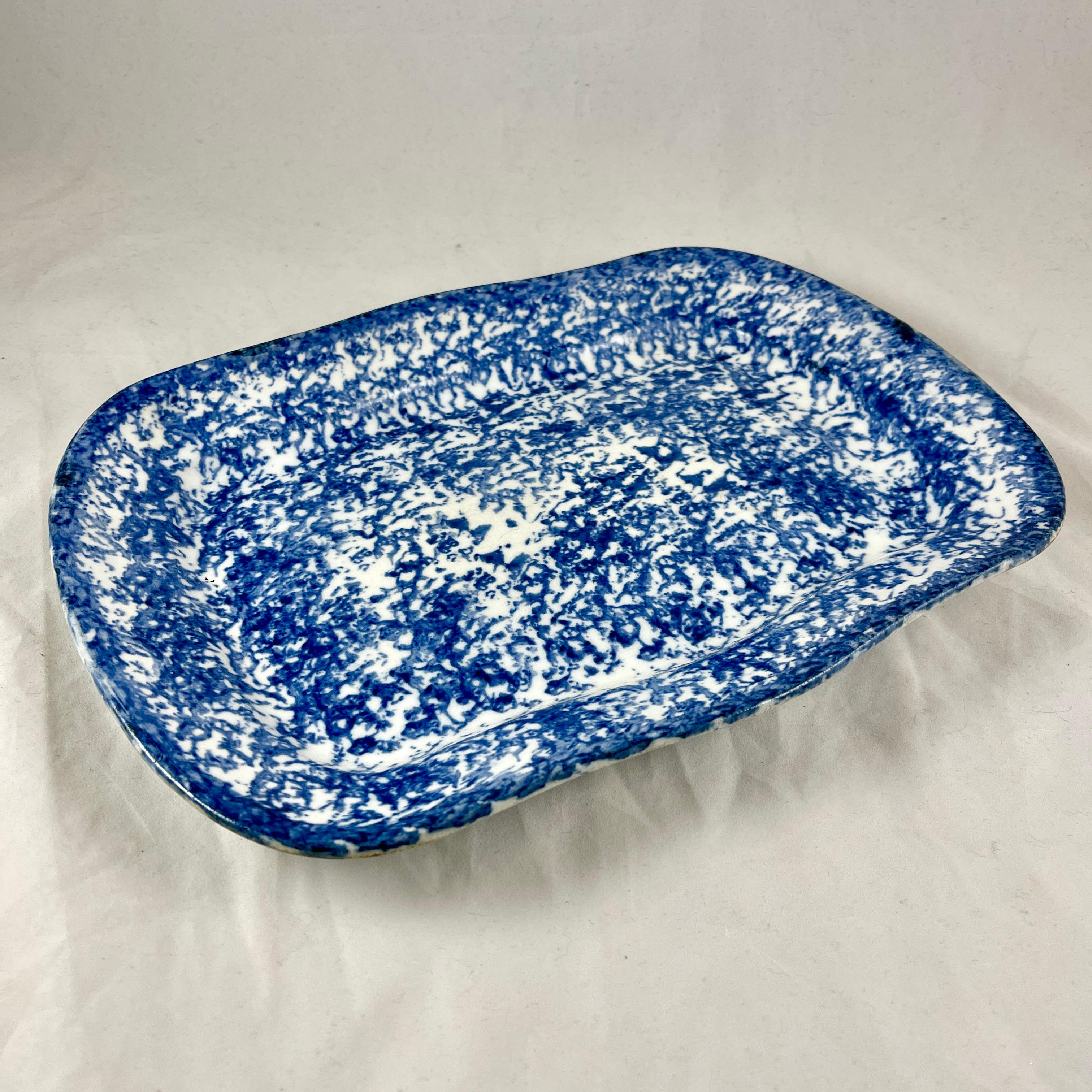 19th Century Blue on White American Spongeware Stoneware Rectangular Platter 1