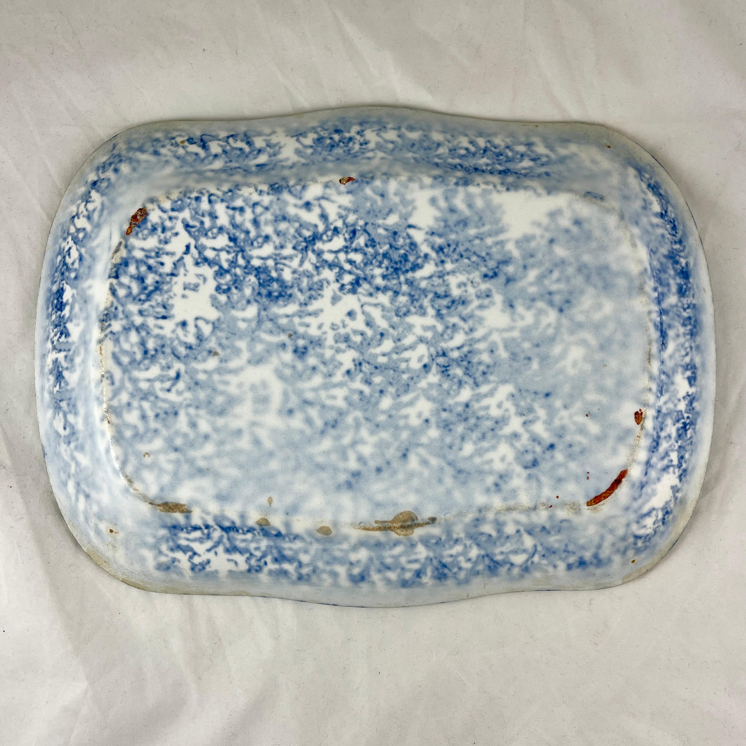 19th Century Blue on White American Spongeware Stoneware Rectangular Platter 3