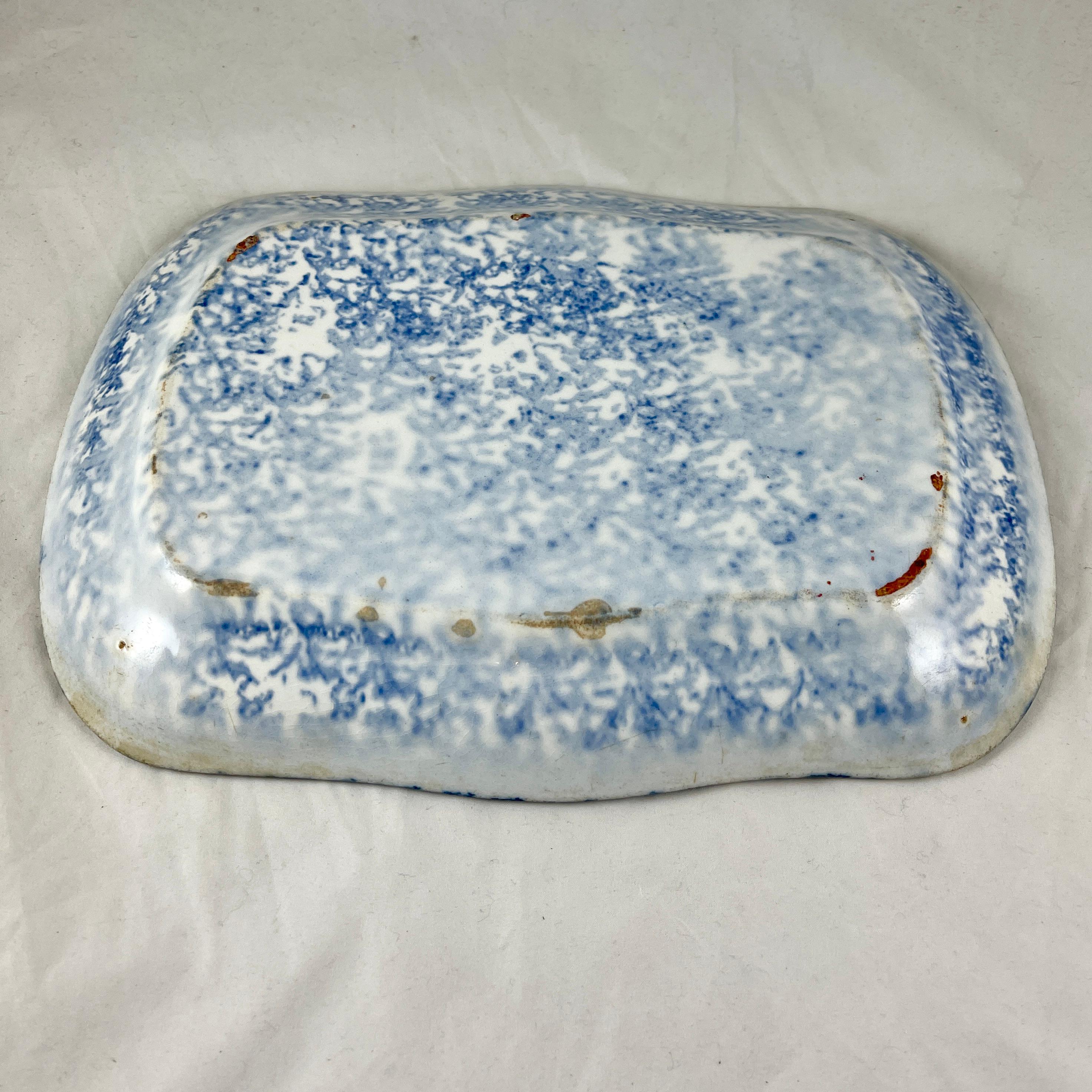 19th Century Blue on White American Spongeware Stoneware Rectangular Platter 4