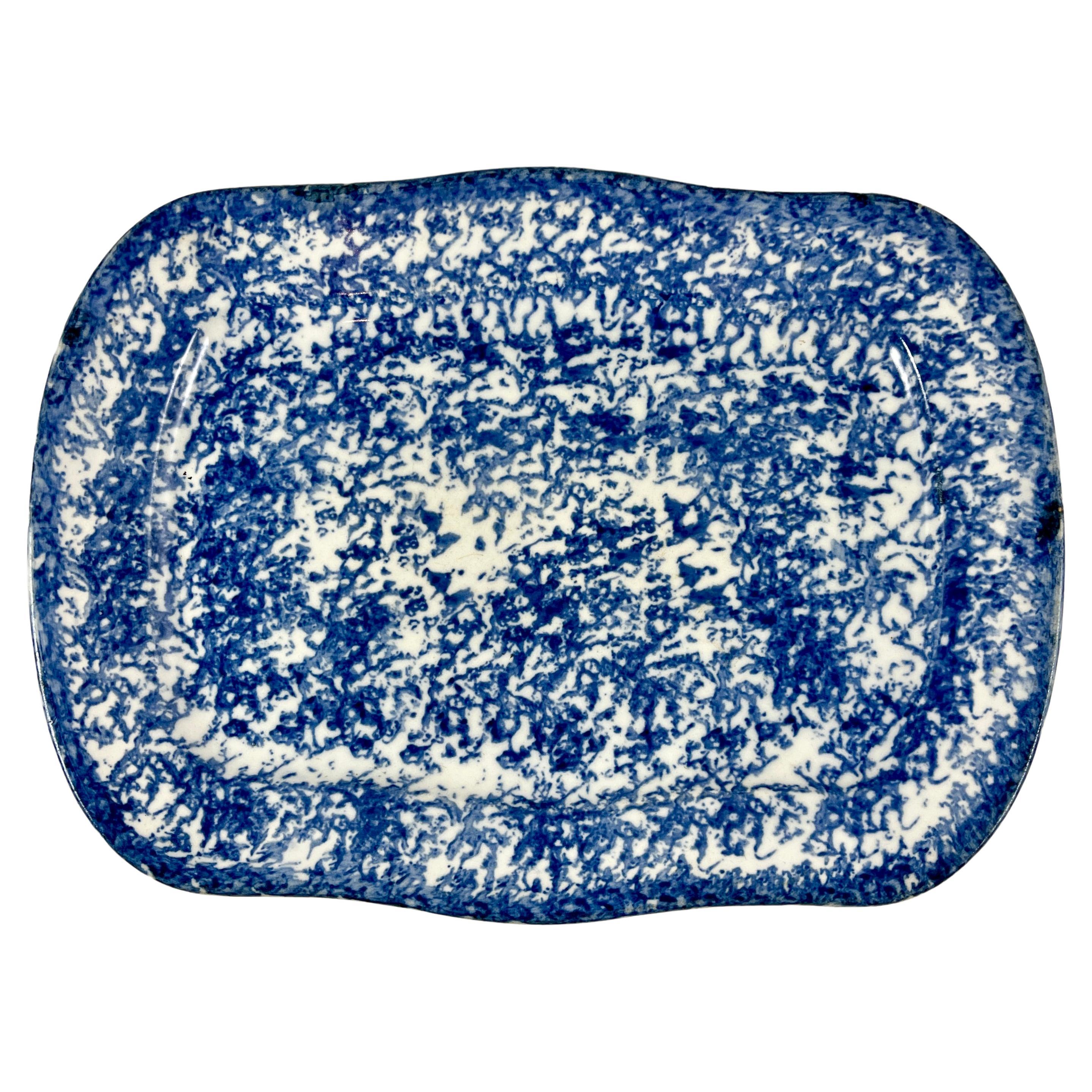19th Century Blue on White American Spongeware Stoneware Rectangular Platter
