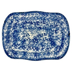 19th Century Blue on White American Spongeware Stoneware Rectangular Platter