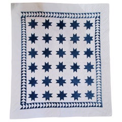 19th C Blue & White  Stars with Flying Geese Border Quilt
