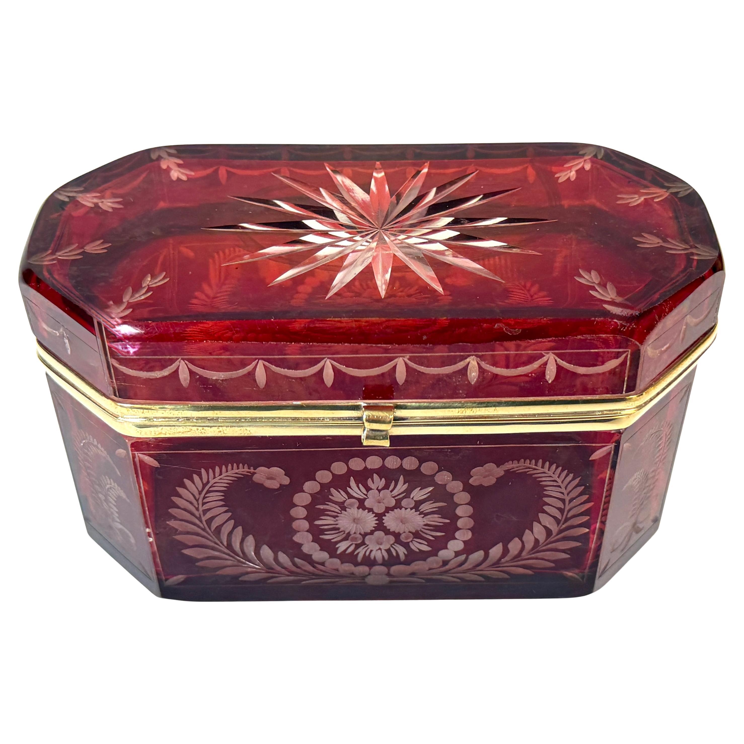 19th C. Bohemian Ruby Cut-to-Clear Crystal Casket Starburst Lid , C. 1850-1875