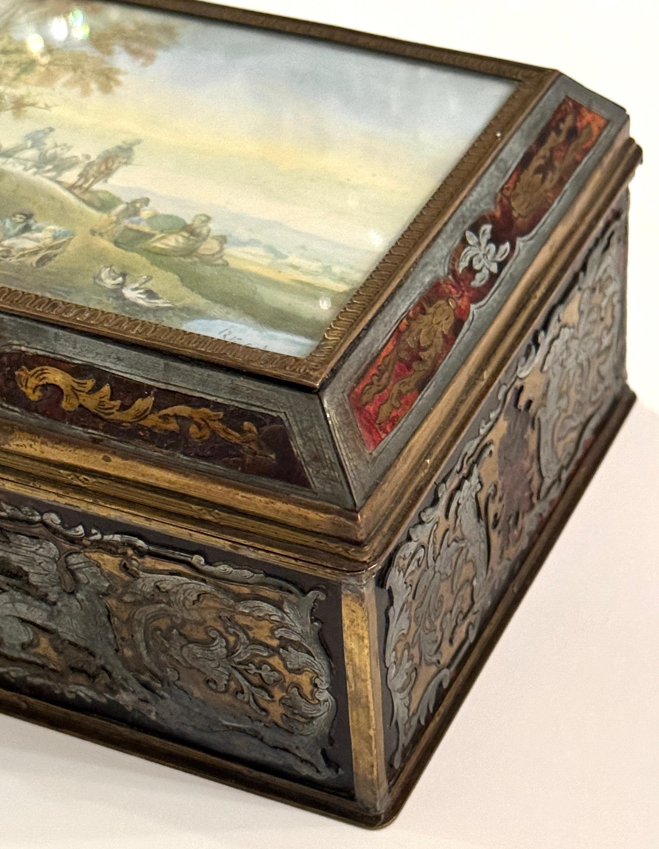19th C.  Boulle Inlaid Table Box Miniature Pastoral Landscape, Signed 'Resck' For Sale 3