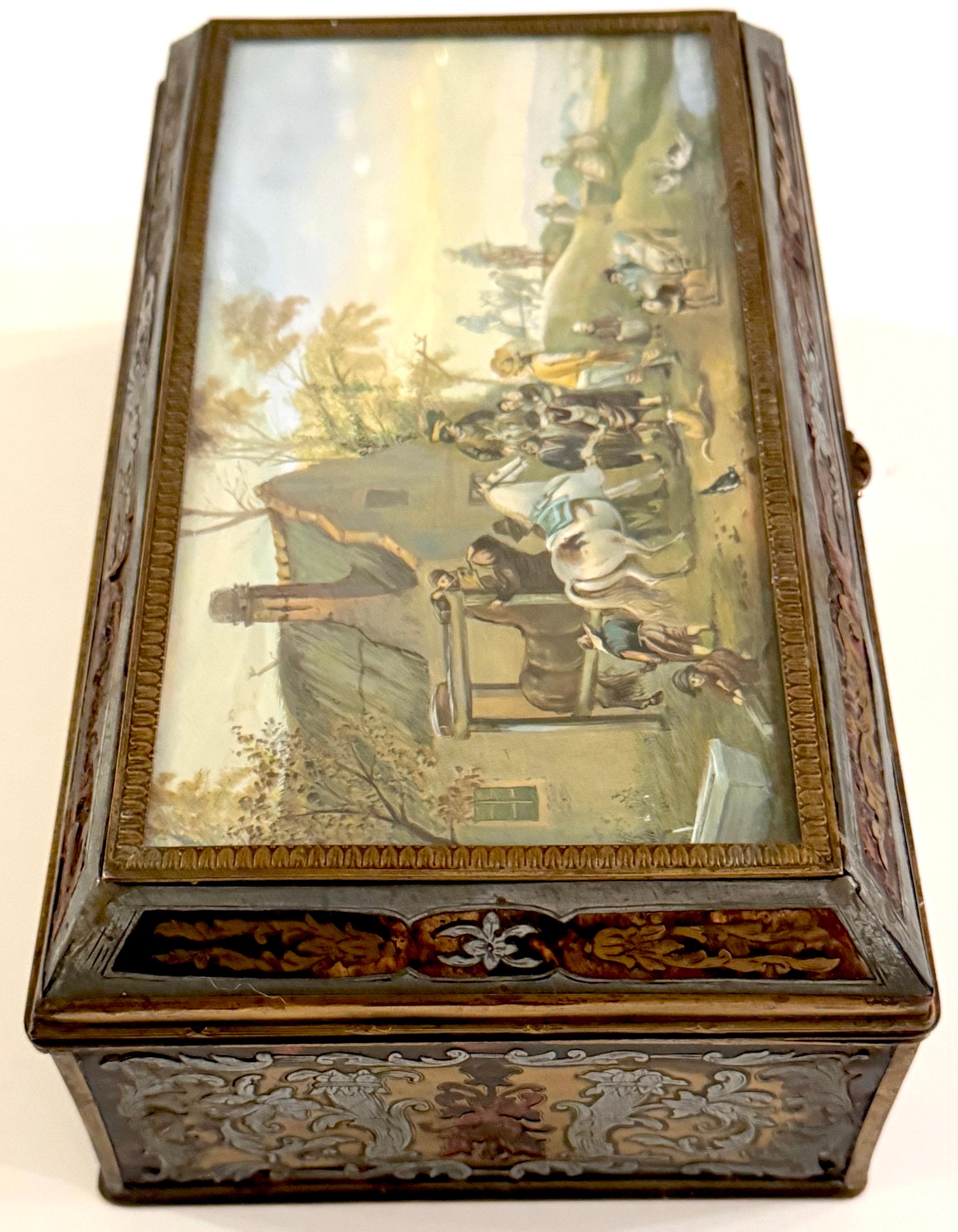 19th C.  Boulle Inlaid Table Box Miniature Pastoral Landscape, Signed 'Resck' For Sale 4