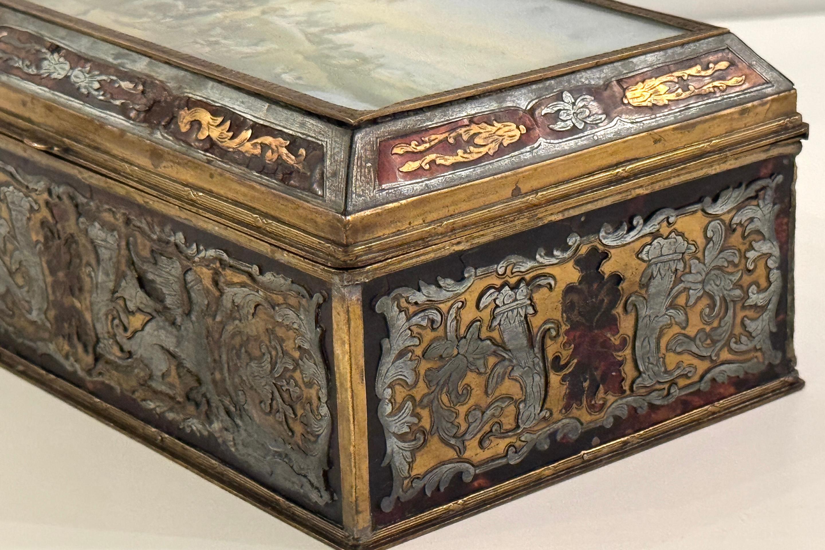 19th C.  Boulle Inlaid Table Box Miniature Pastoral Landscape, Signed 'Resck' For Sale 7