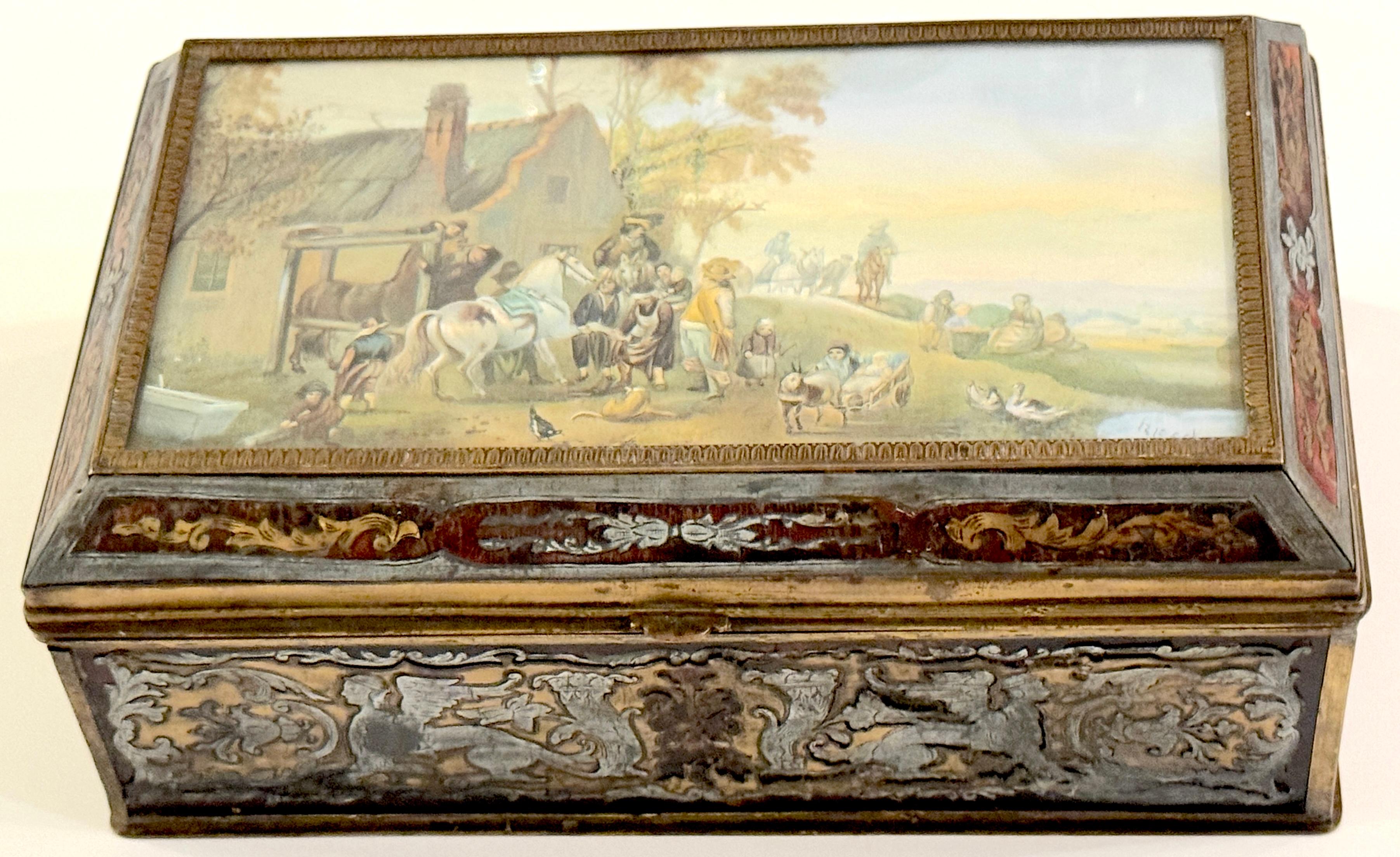 19th C. Boulle Inlaid Table Box Miniature Pastoral Landscape, Signed 'Resck'

19th Century or Older

This exquisite 19th-century Boulle inlaid table box features a beautifully detailed miniature pastoral landscape painting, signed ‘Resck’ in the