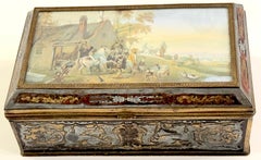 19th C.  Boulle Inlaid Table Box Miniature Pastoral Landscape, Signed 'Resck'