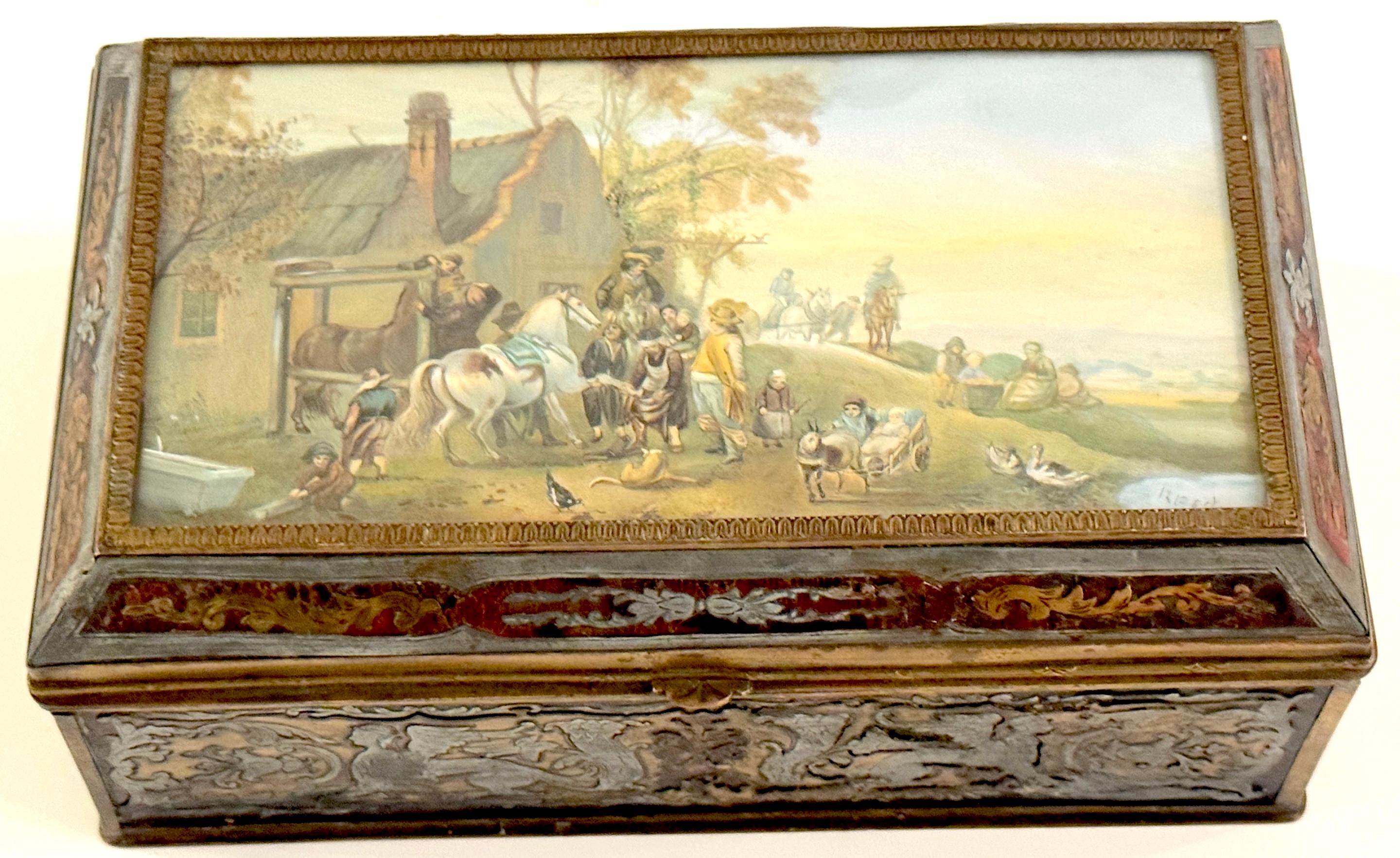 Baroque 19th C.  Boulle Inlaid Table Box Miniature Pastoral Landscape, Signed 'Resck' For Sale