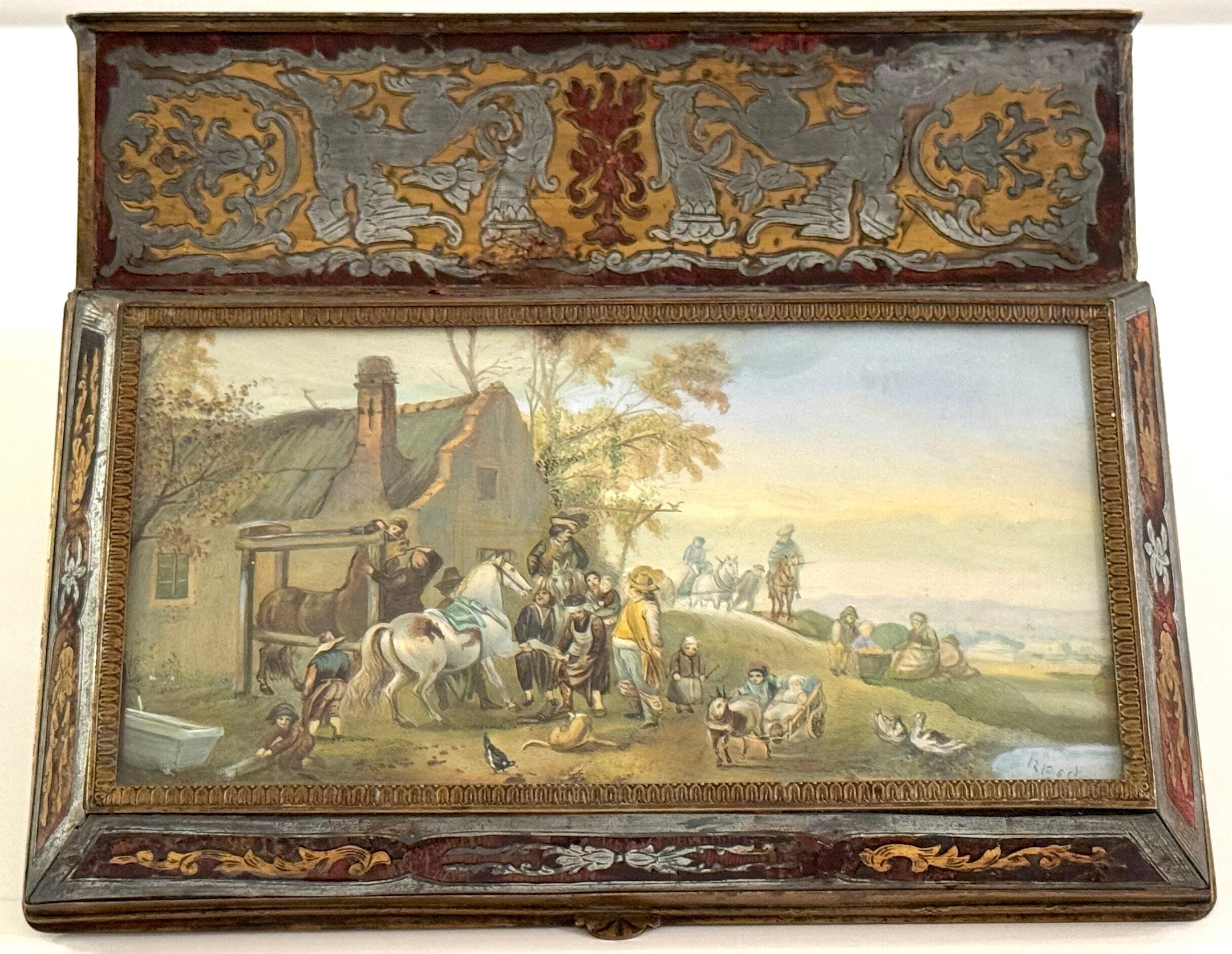 French 19th C.  Boulle Inlaid Table Box Miniature Pastoral Landscape, Signed 'Resck' For Sale