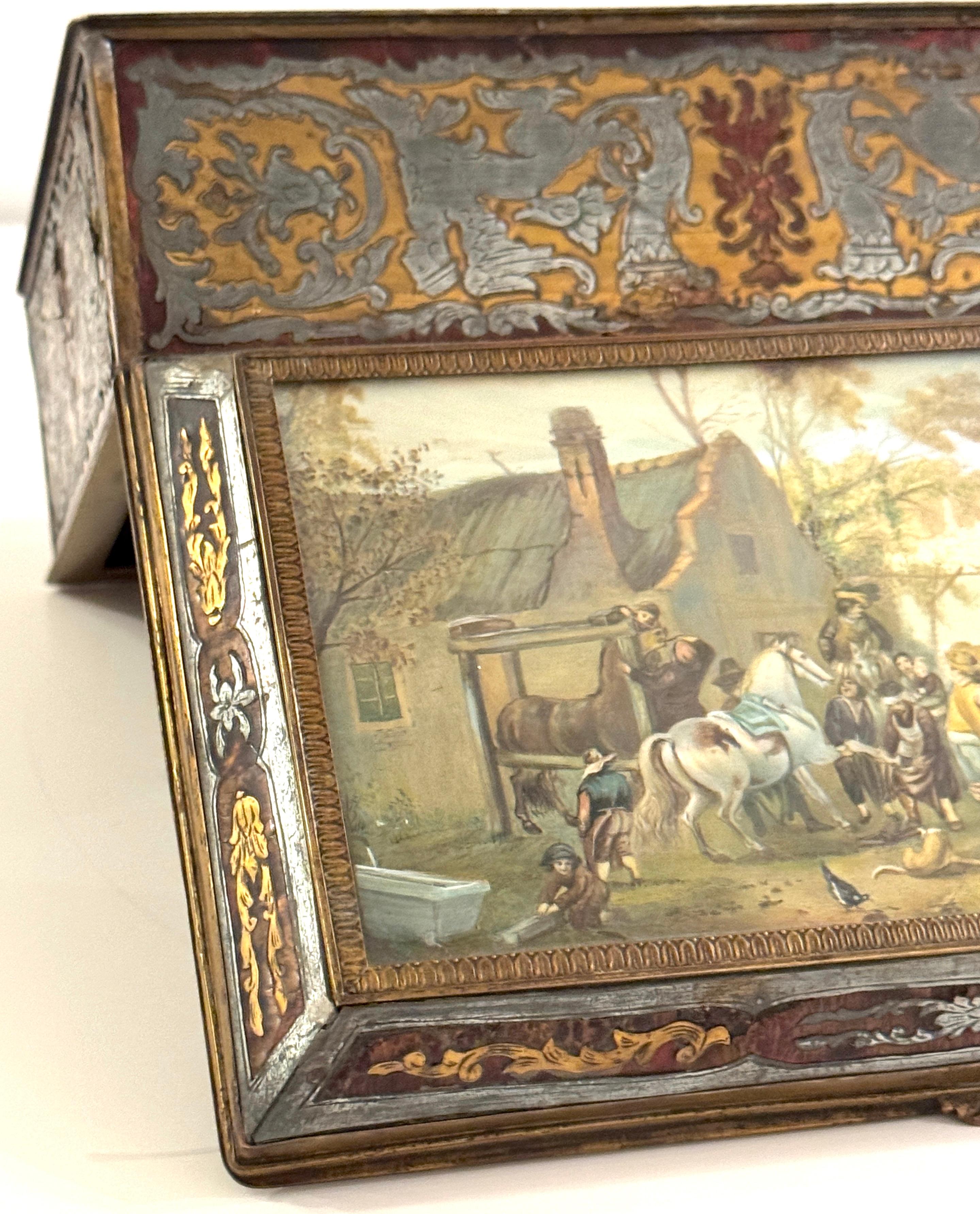 Inlay 19th C.  Boulle Inlaid Table Box Miniature Pastoral Landscape, Signed 'Resck' For Sale