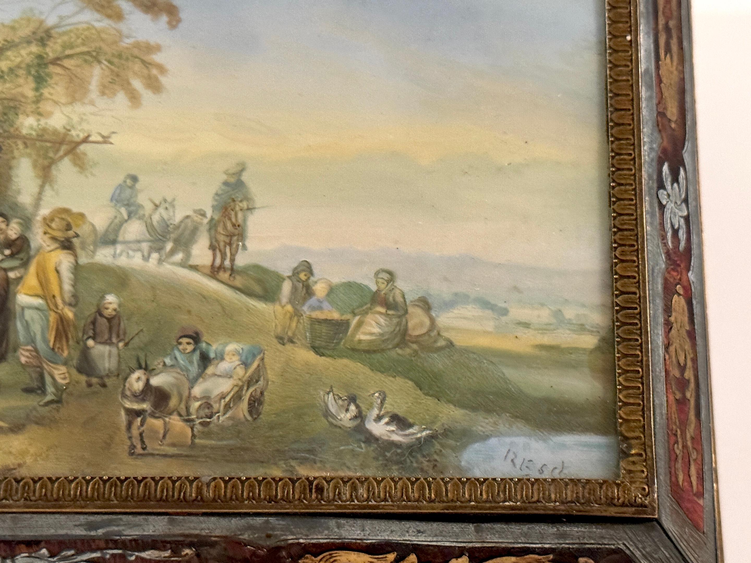 19th Century 19th C.  Boulle Inlaid Table Box Miniature Pastoral Landscape, Signed 'Resck' For Sale