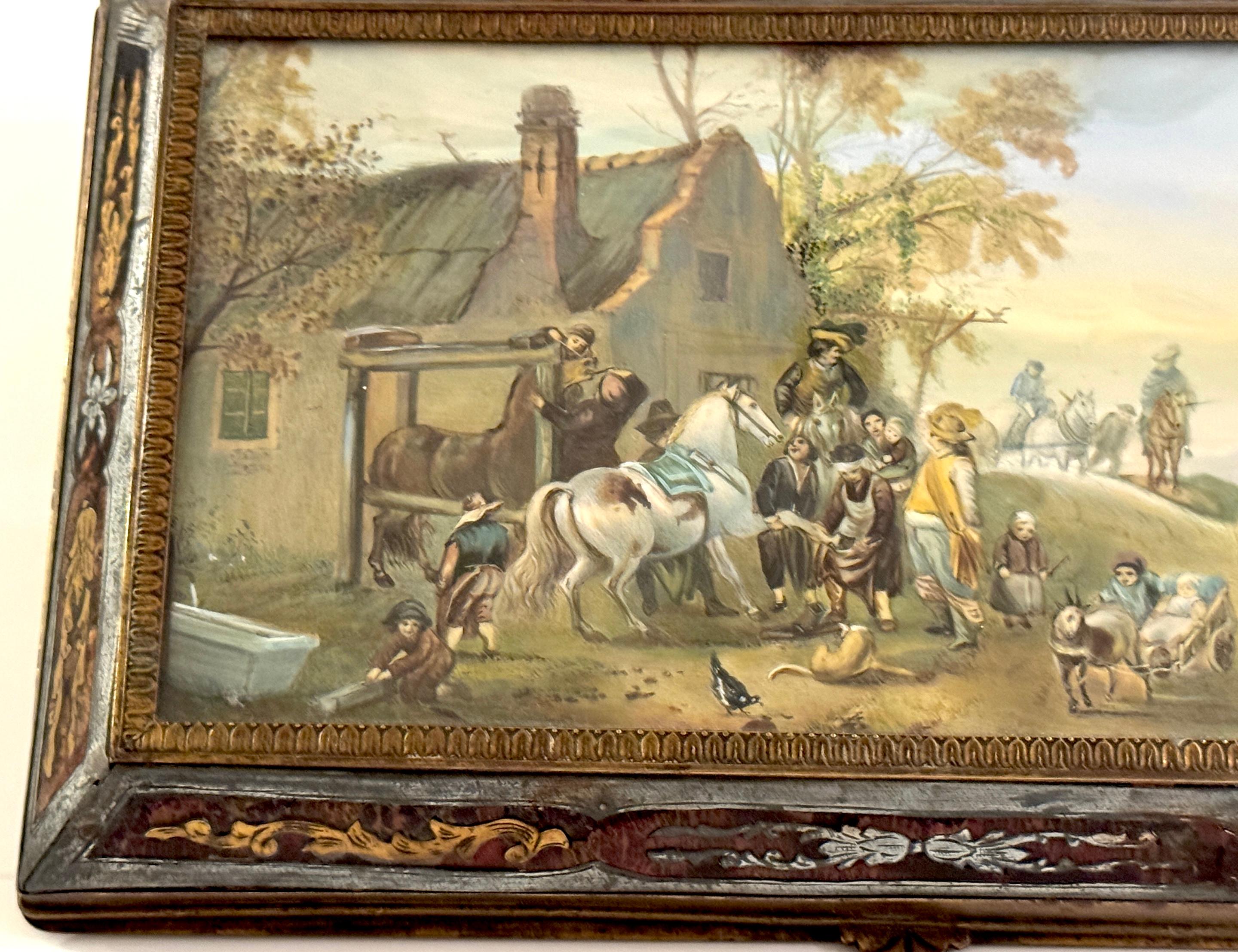 Brass 19th C.  Boulle Inlaid Table Box Miniature Pastoral Landscape, Signed 'Resck' For Sale