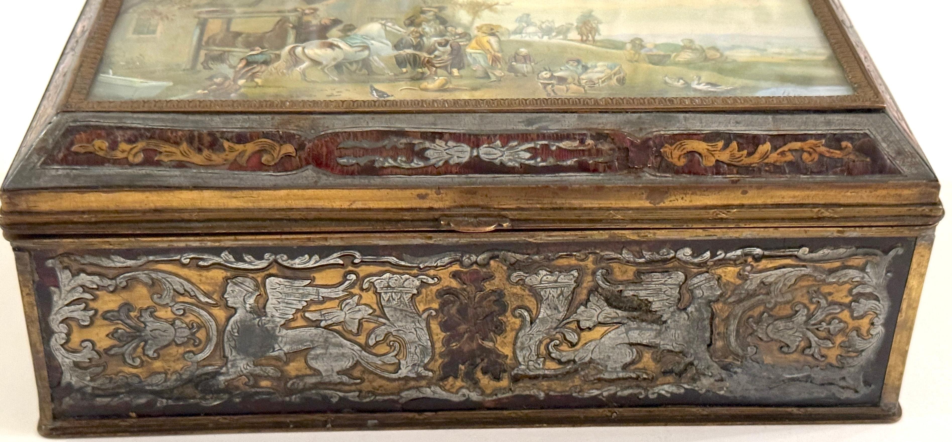 19th C.  Boulle Inlaid Table Box Miniature Pastoral Landscape, Signed 'Resck' For Sale 1
