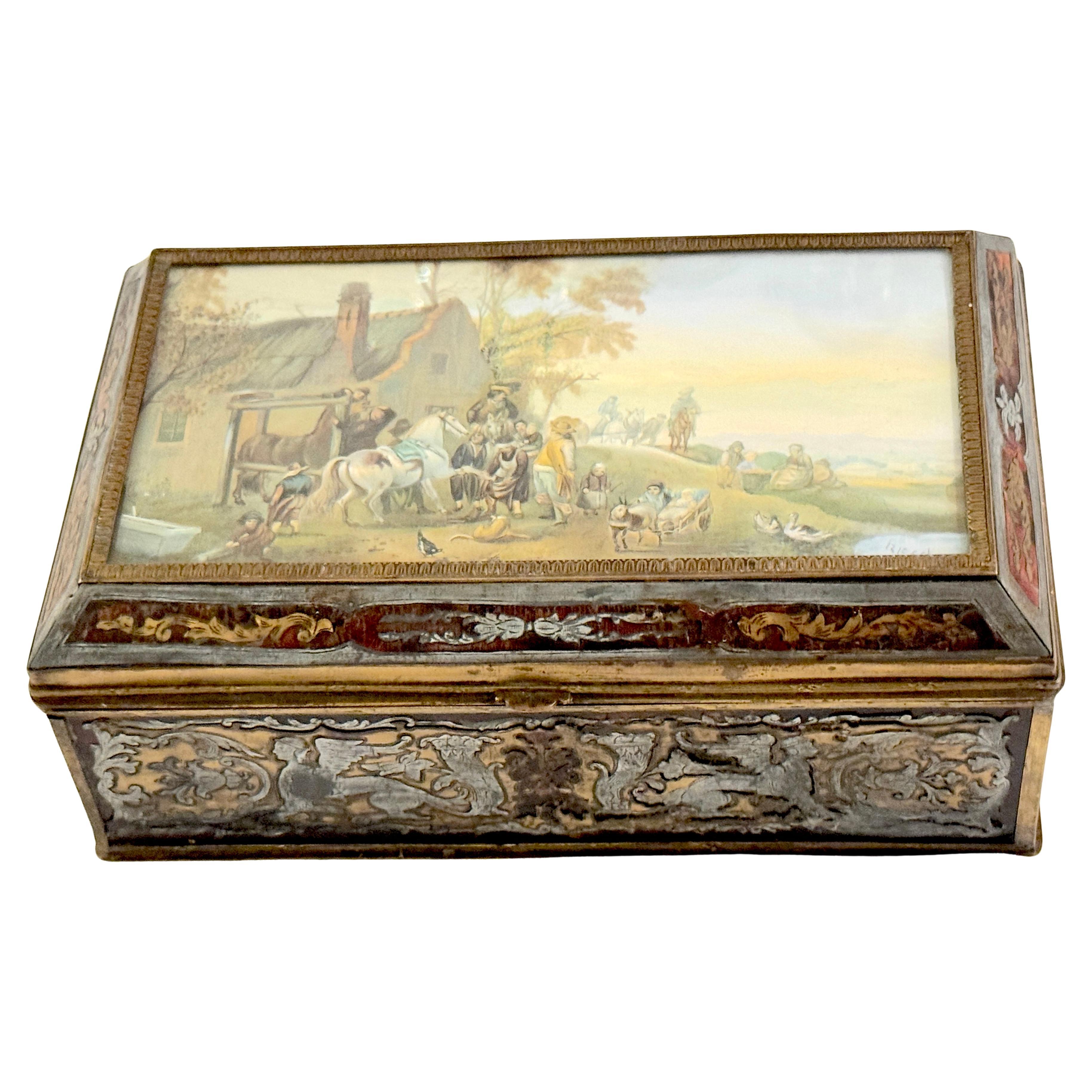 19th C.  Boulle Inlaid Table Box Miniature Pastoral Landscape, Signed 'Resck' For Sale
