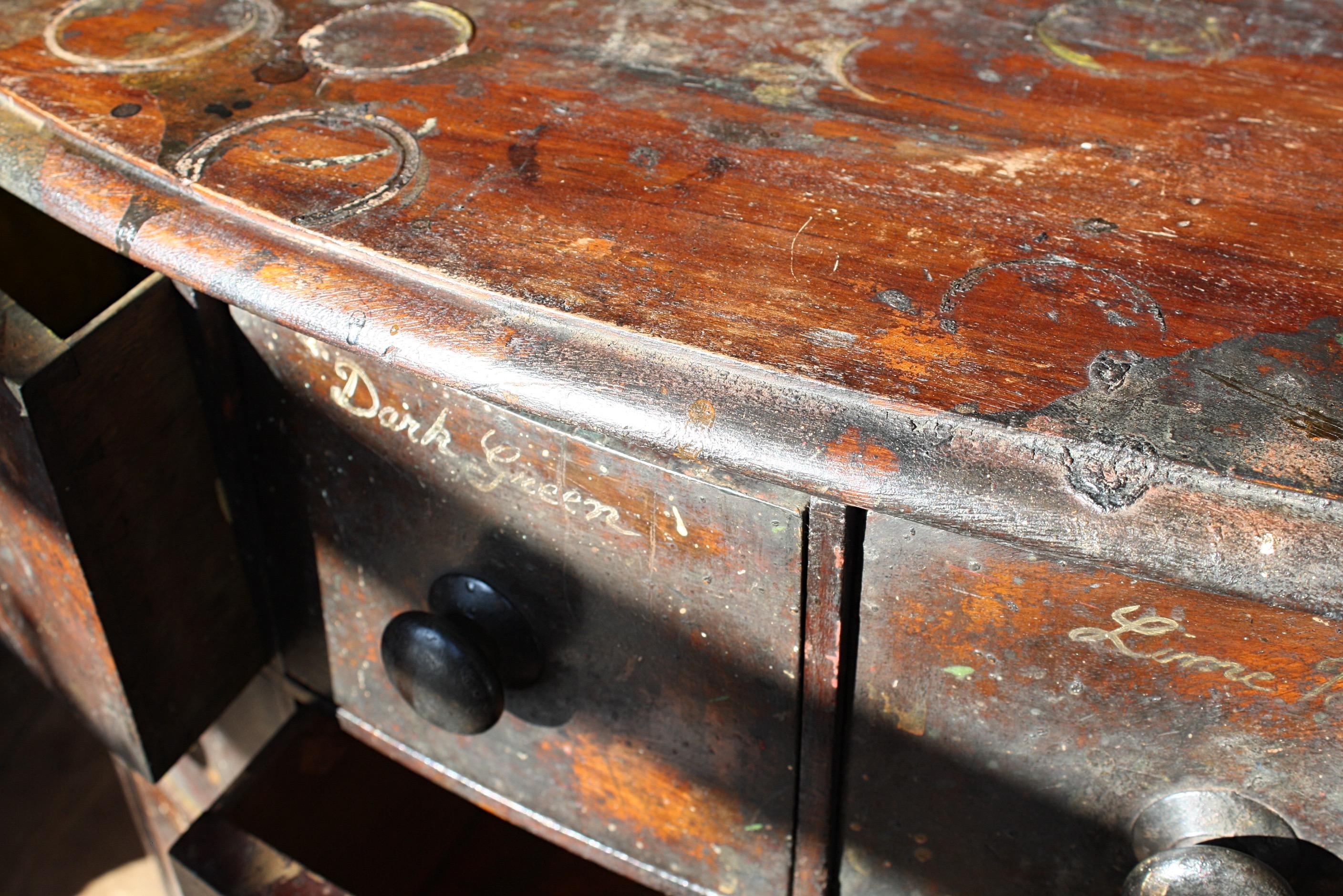 19th C Bow Fronted Pigment Colourmans Nest Bank of Shop Dispensing Drawers In Good Condition In Lowestoft, GB