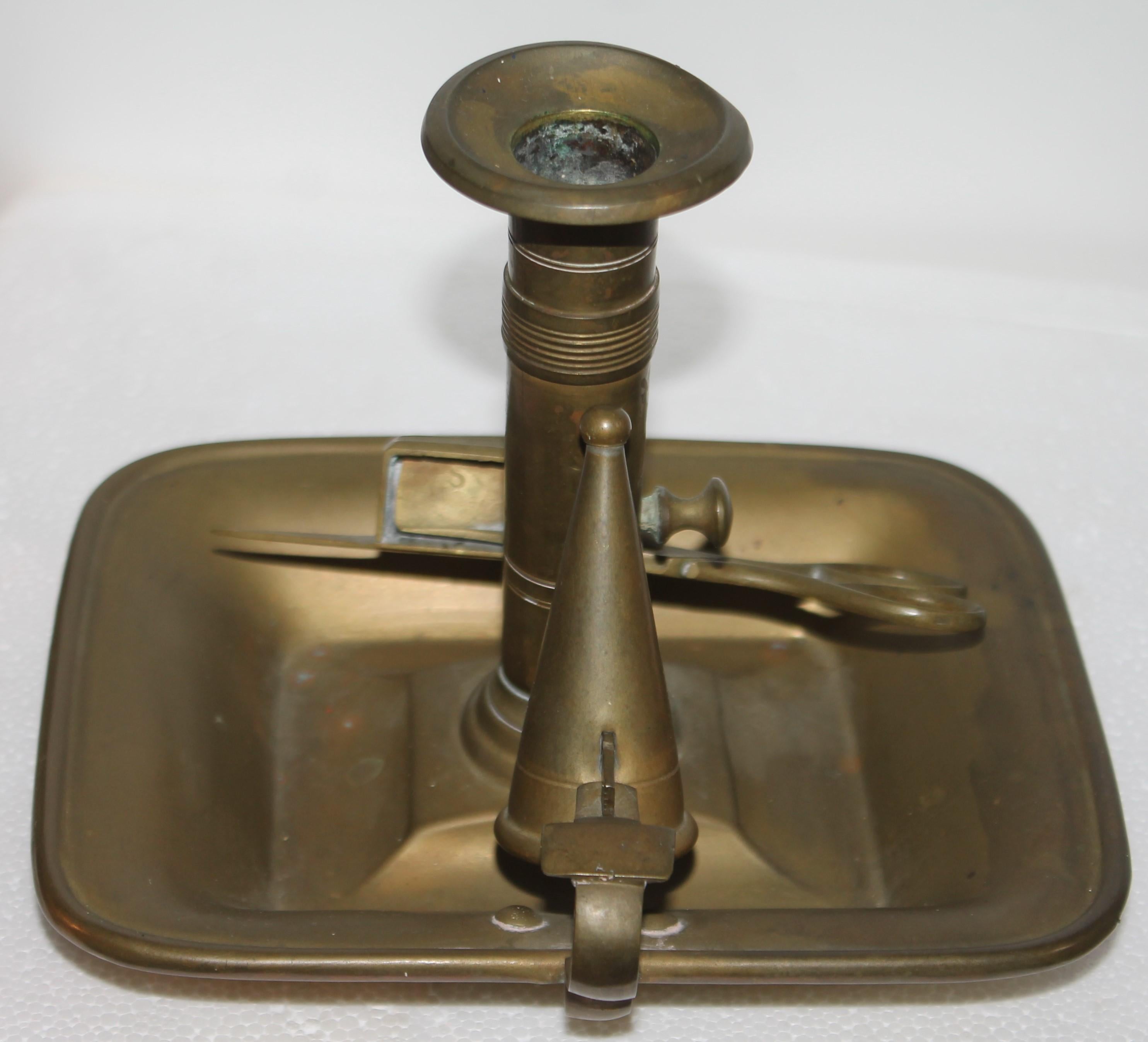 Adirondack 19th C Brass Candlestick with Wick Cutter and Snuffer For Sale