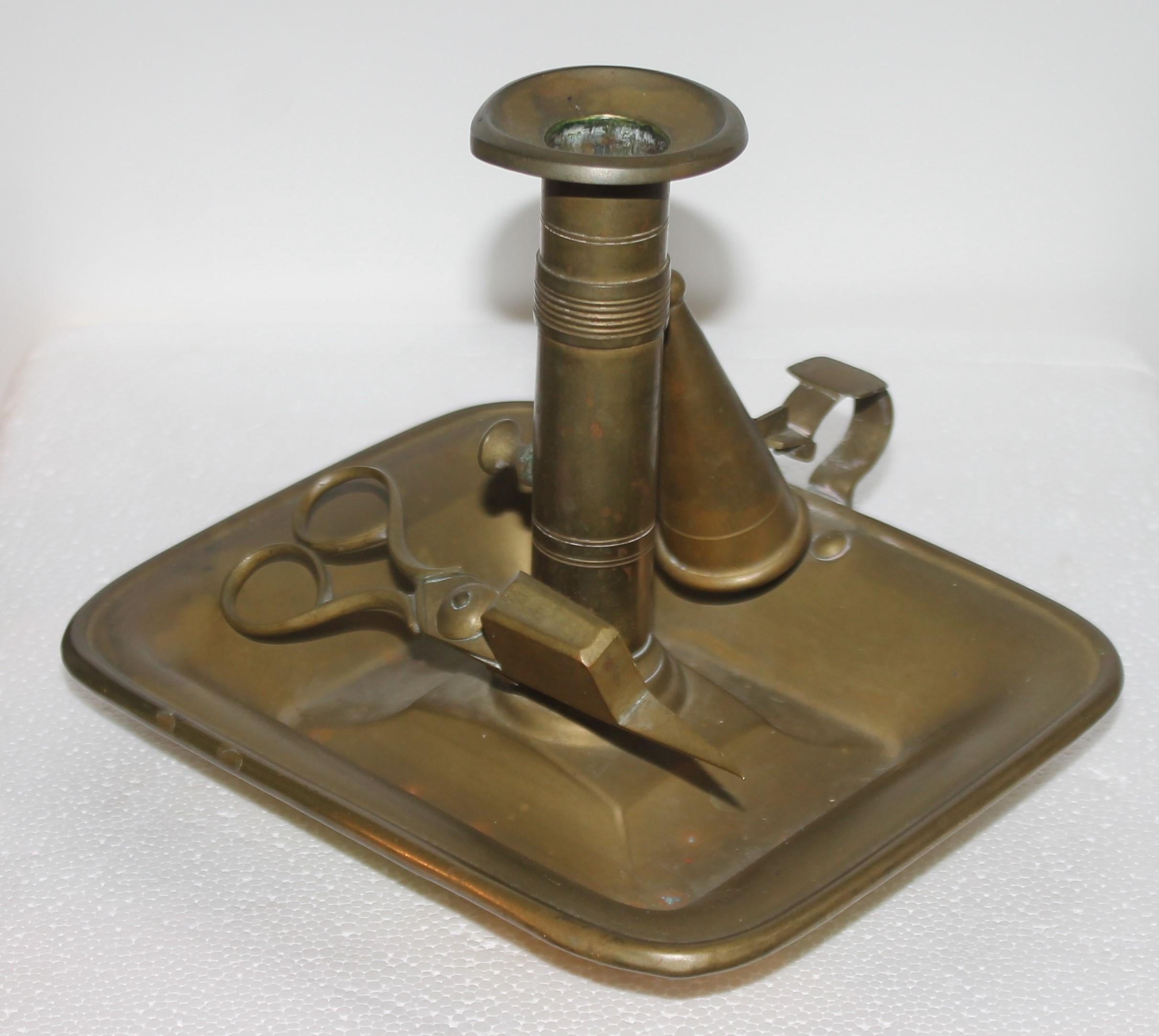 Copper 19th C Brass Candlestick with Wick Cutter and Snuffer For Sale