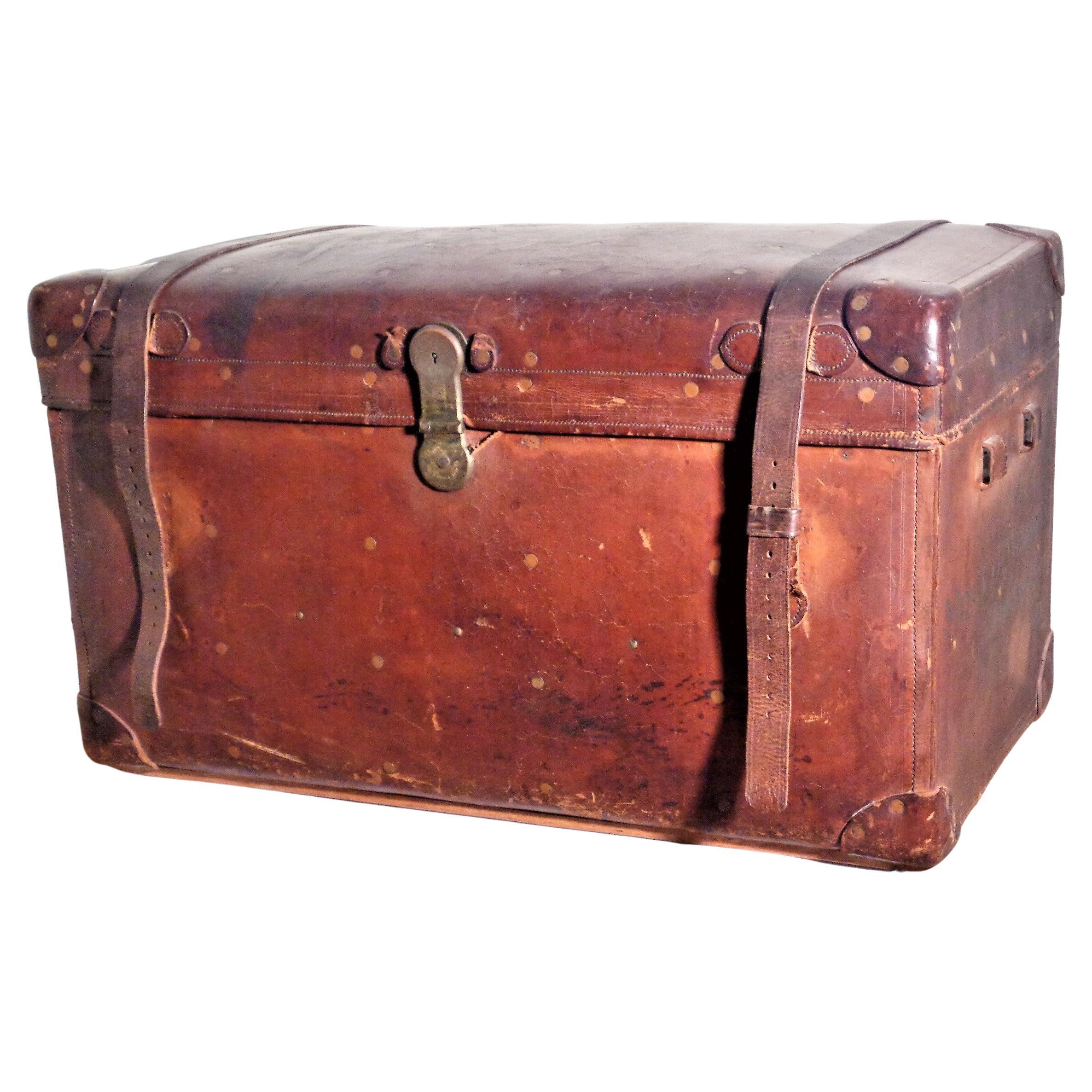 19th C. Brass Riveted Leather Travel Trunk Sage's Trunk Depot Boston, Ma. For Sale 10