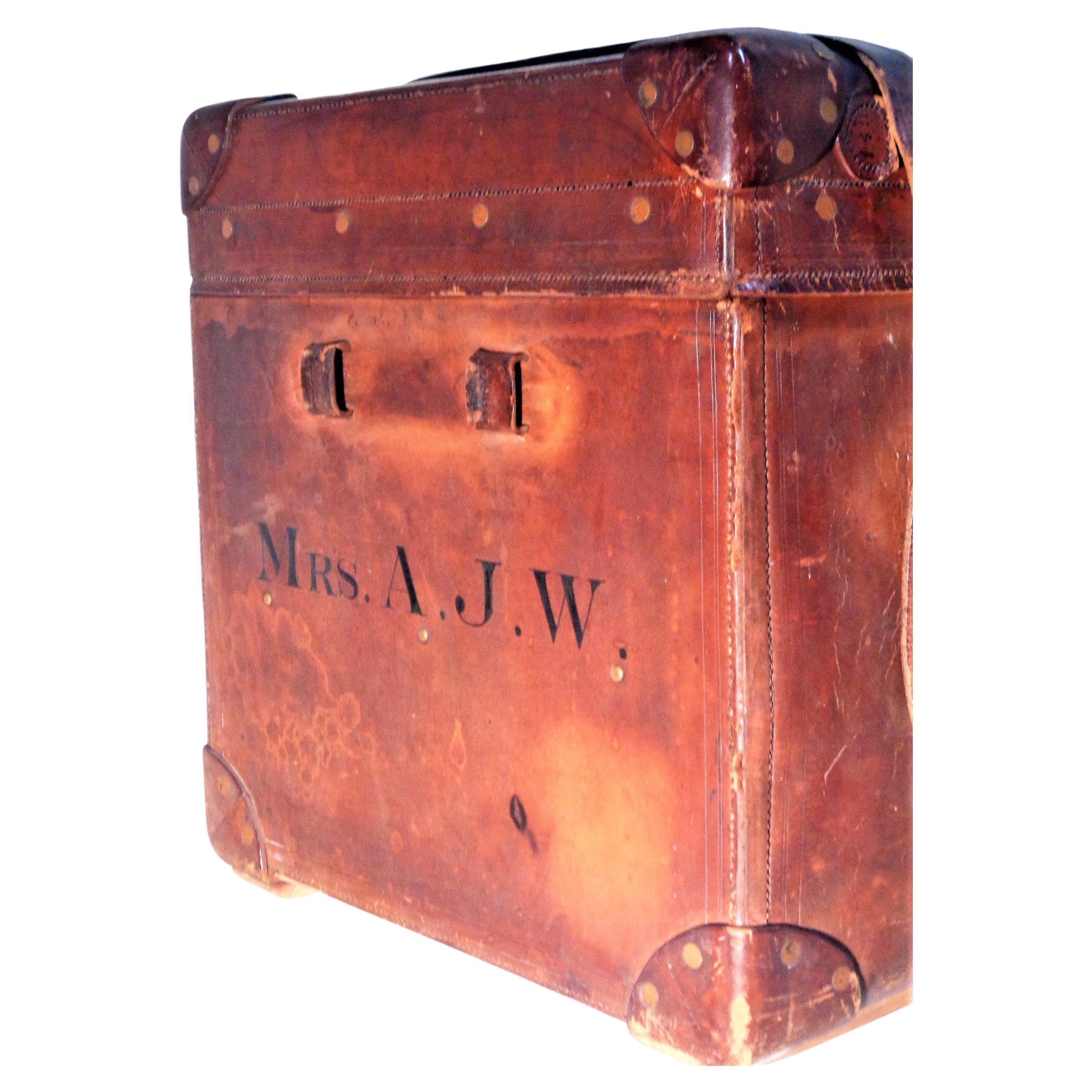 Hand-Crafted 19th C. Brass Riveted Leather Travel Trunk Sage's Trunk Depot Boston, Ma. For Sale