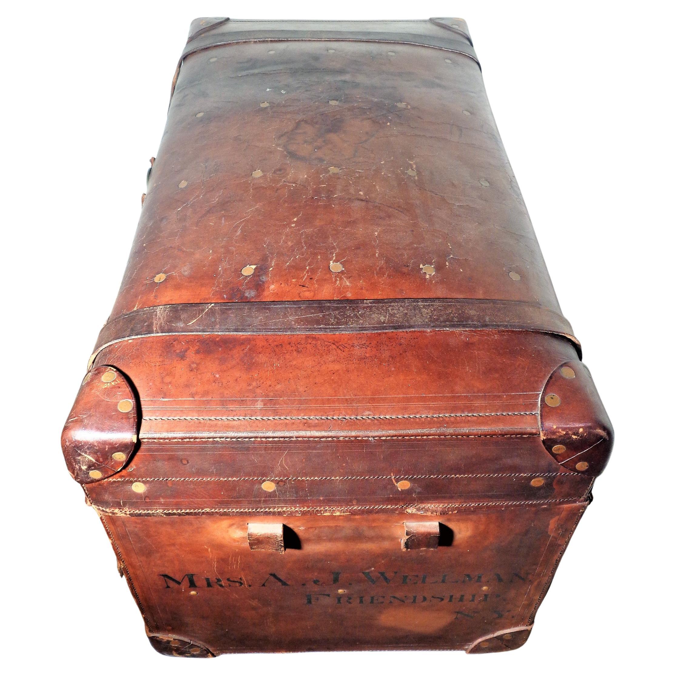 19th C. Brass Riveted Leather Travel Trunk Sage's Trunk Depot Boston, Ma. In Fair Condition For Sale In Rochester, NY