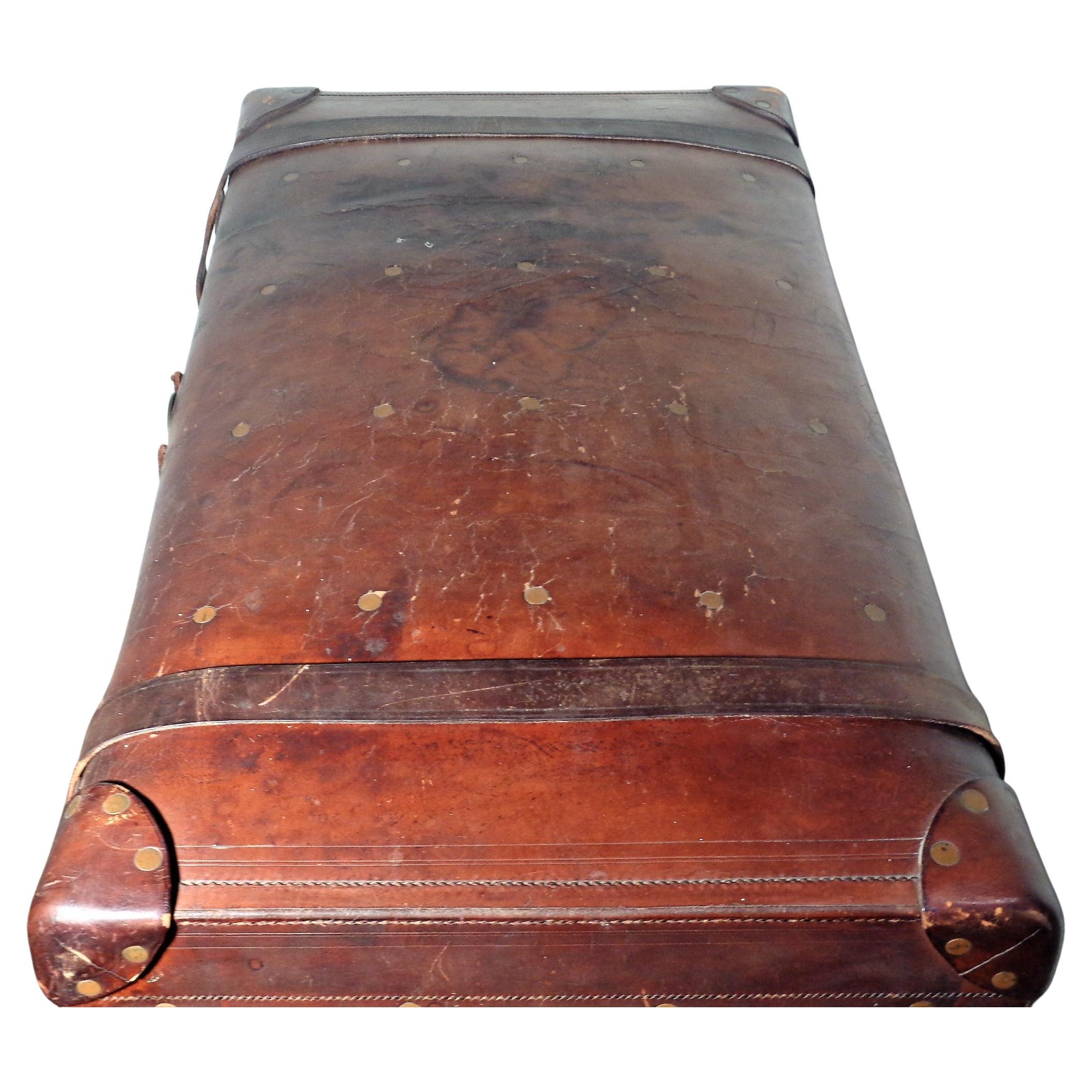 19th Century 19th C. Brass Riveted Leather Travel Trunk Sage's Trunk Depot Boston, Ma. For Sale