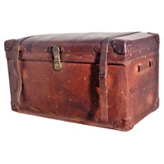 19th C. Brass Riveted Leather Travel Trunk Sage's Trunk Depot Boston, Ma.