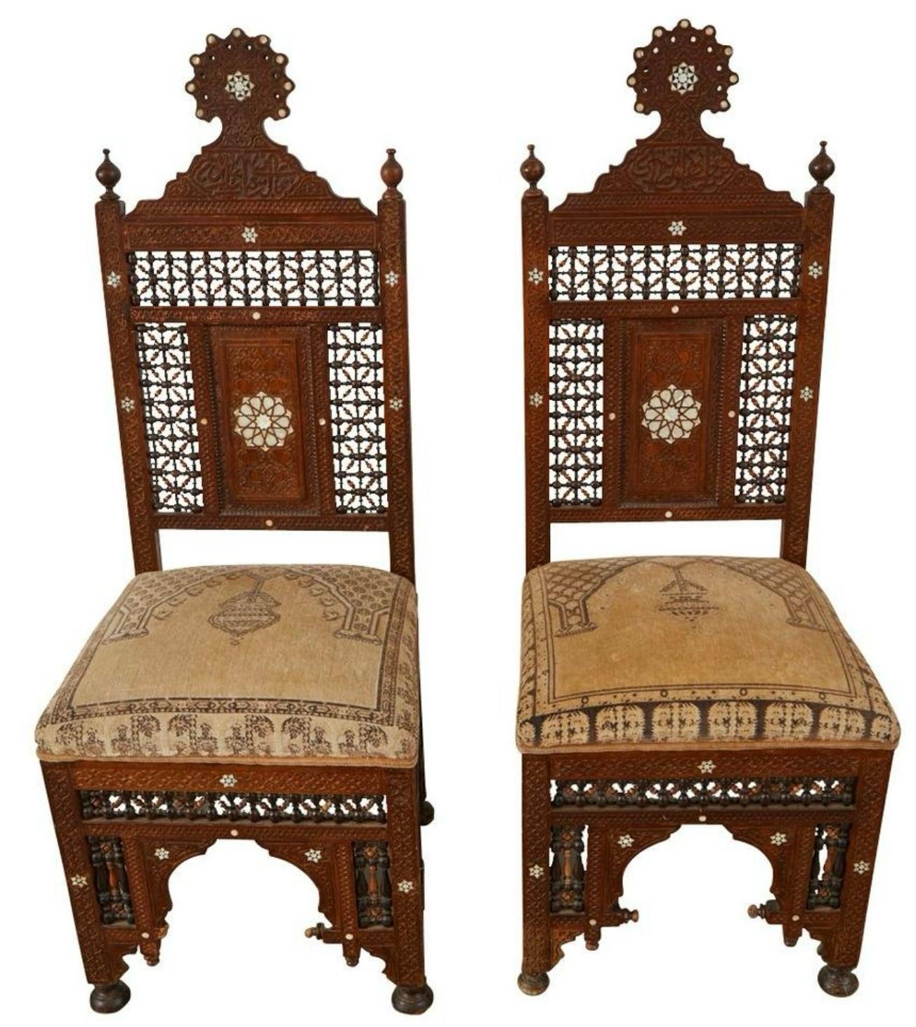 19th -C. British Colonial / Moroccan Style Inlaid  And Carved Side Chairs - Pair In Good Condition For Sale In Kennesaw, GA