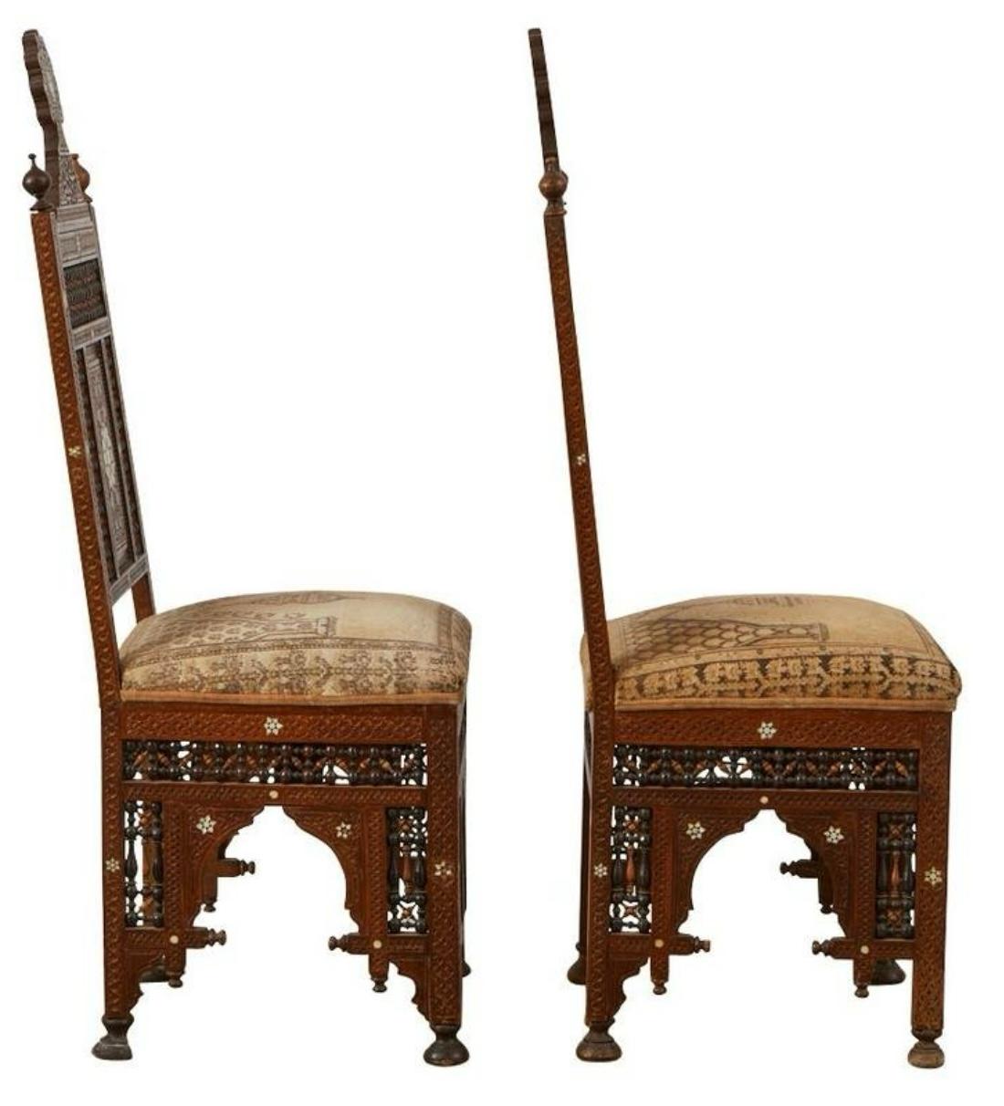 19th Century 19th -C. British Colonial / Moroccan Style Inlaid  And Carved Side Chairs - Pair For Sale