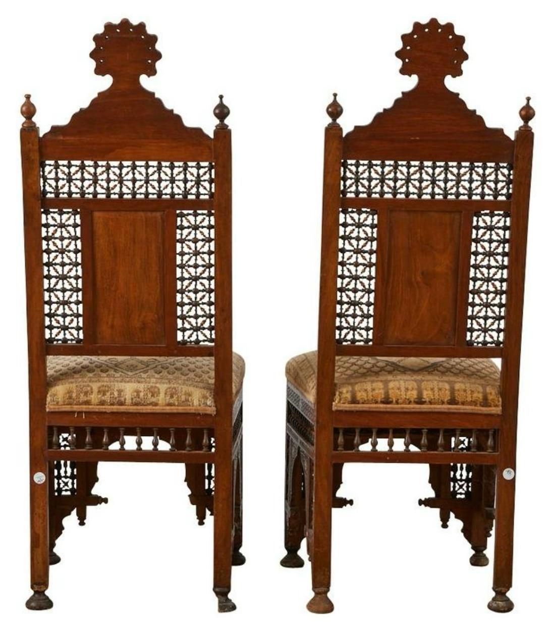 Mother-of-Pearl 19th -C. British Colonial / Moroccan Style Inlaid  And Carved Side Chairs - Pair For Sale