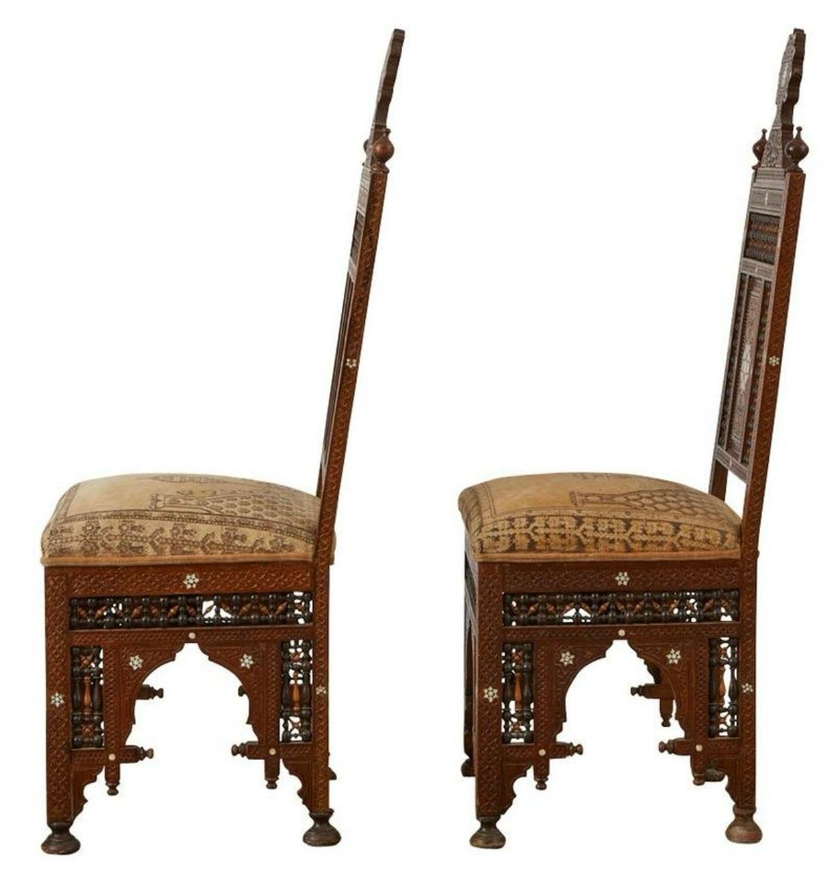 19th -C. British Colonial / Moroccan Style Inlaid  And Carved Side Chairs - Pair For Sale 1