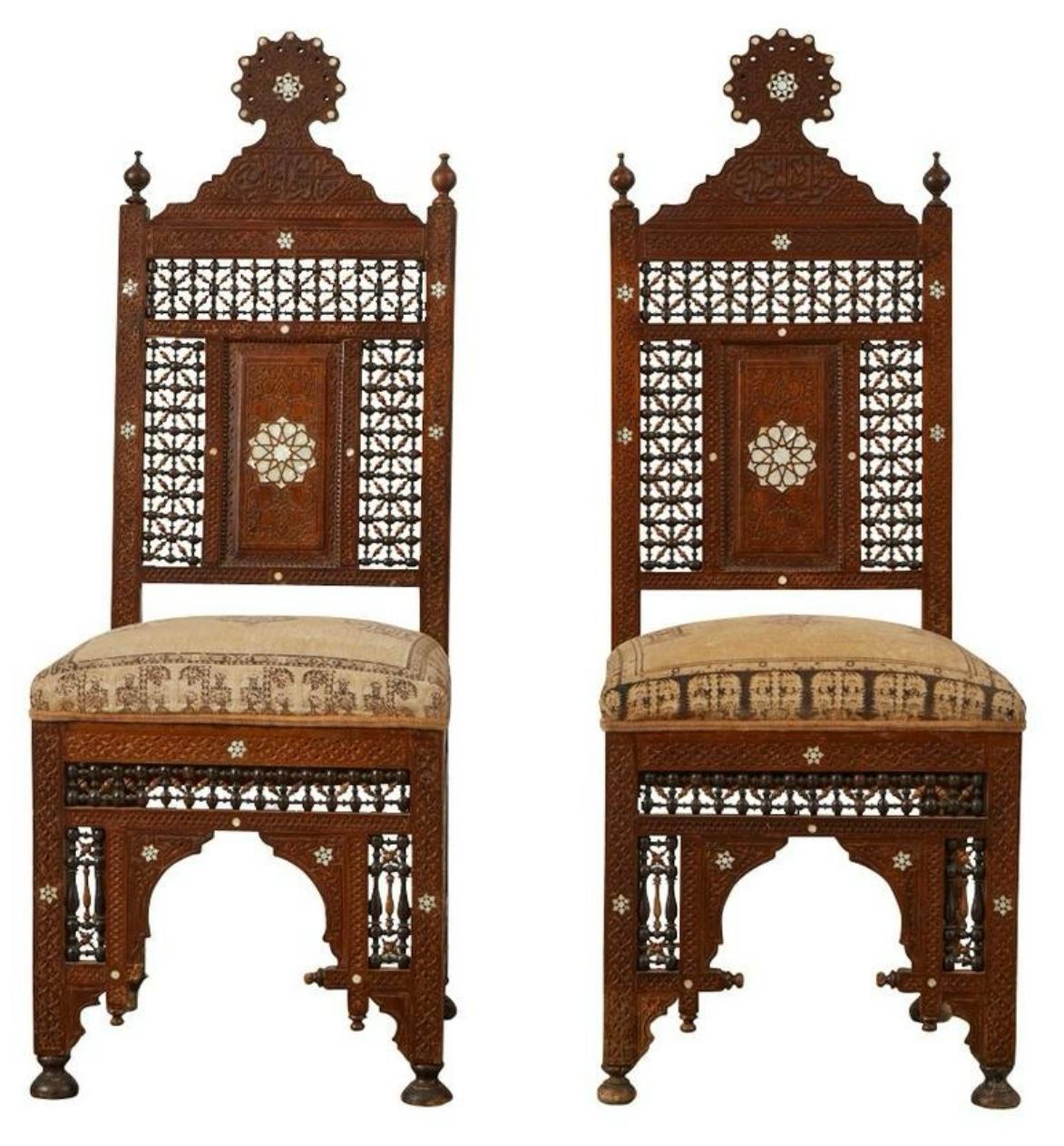 19th -C. British Colonial / Moroccan Style Inlaid  And Carved Side Chairs - Pair For Sale 2
