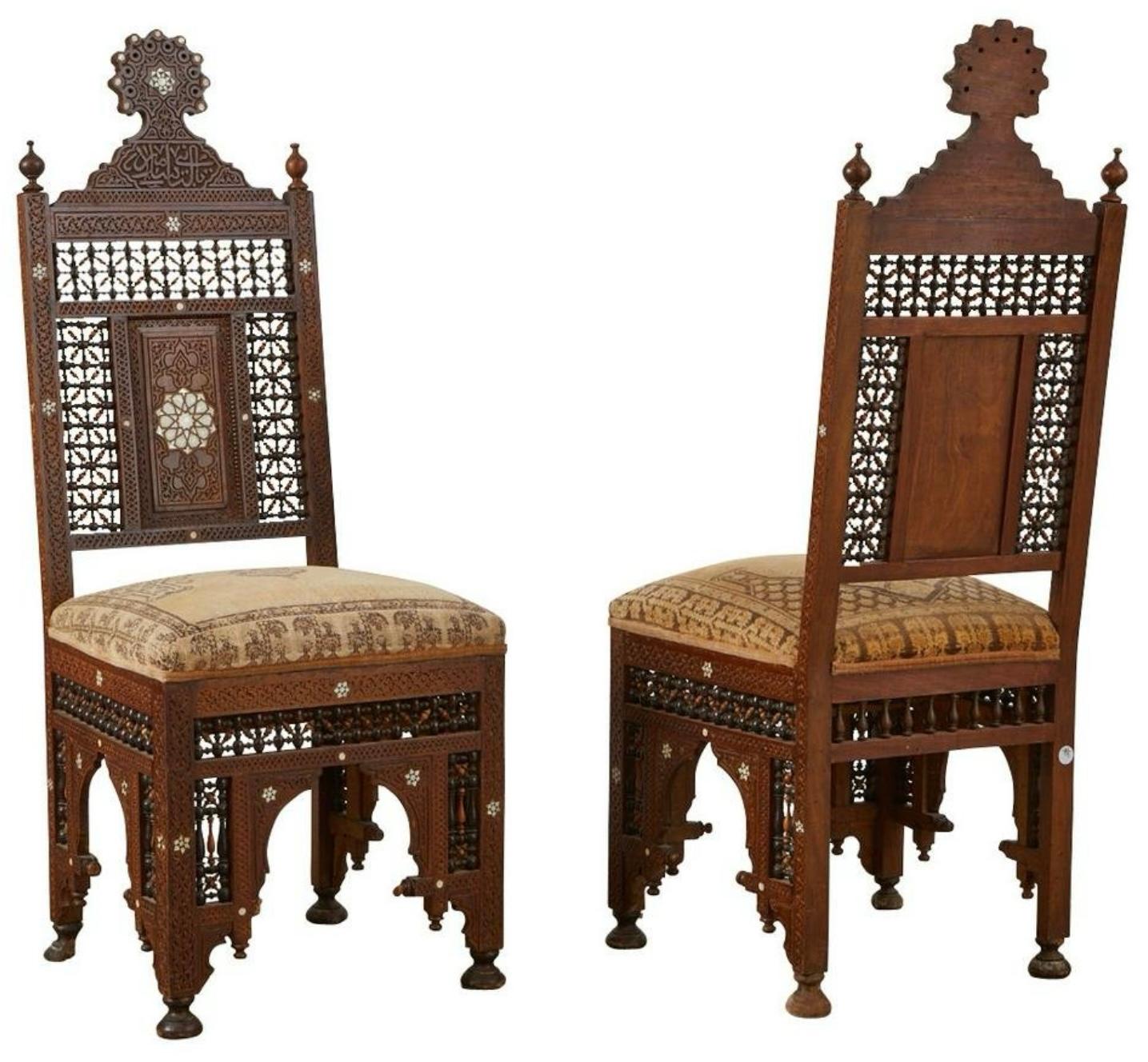 19th -C. British Colonial / Moroccan Style Inlaid  And Carved Side Chairs - Pair For Sale 3