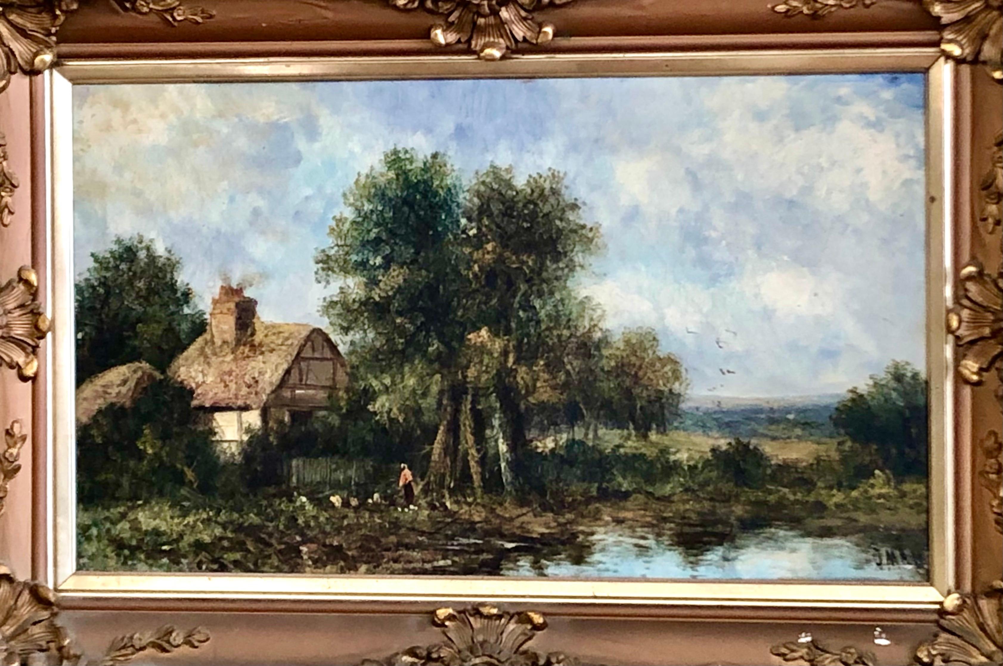 A lovely British 19th century original oil on canvas in its original gilt carved wood and gesso frame (some a/f to frame as illustrated). A wonderful, pastoral landscape of a thatched cottage by a lake; well done by a talented 19th century artist.