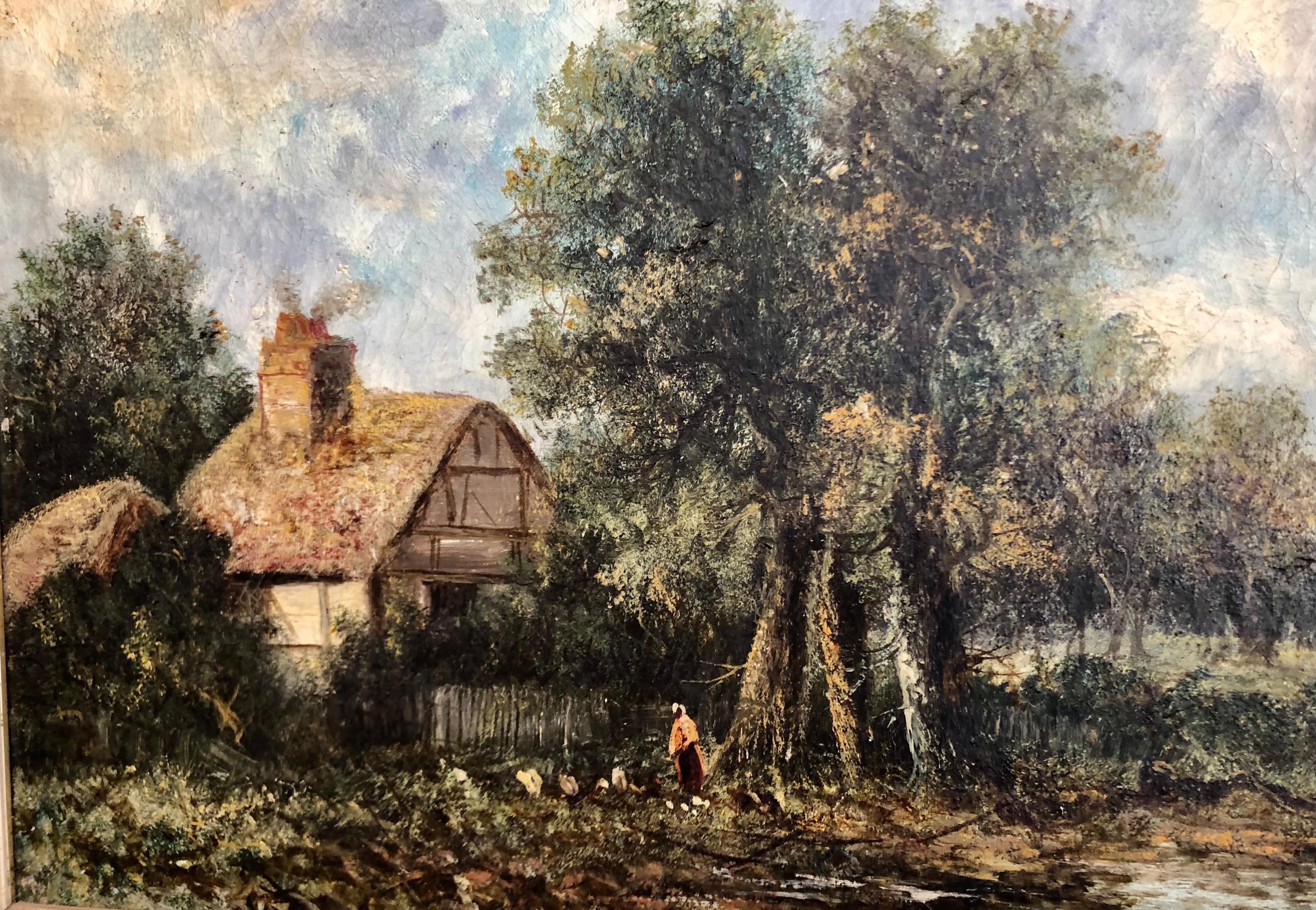 19th C. British Pastoral Landscape, Framed Oil on Canvas, Thatched Cottage In Good Condition In Charleston, SC