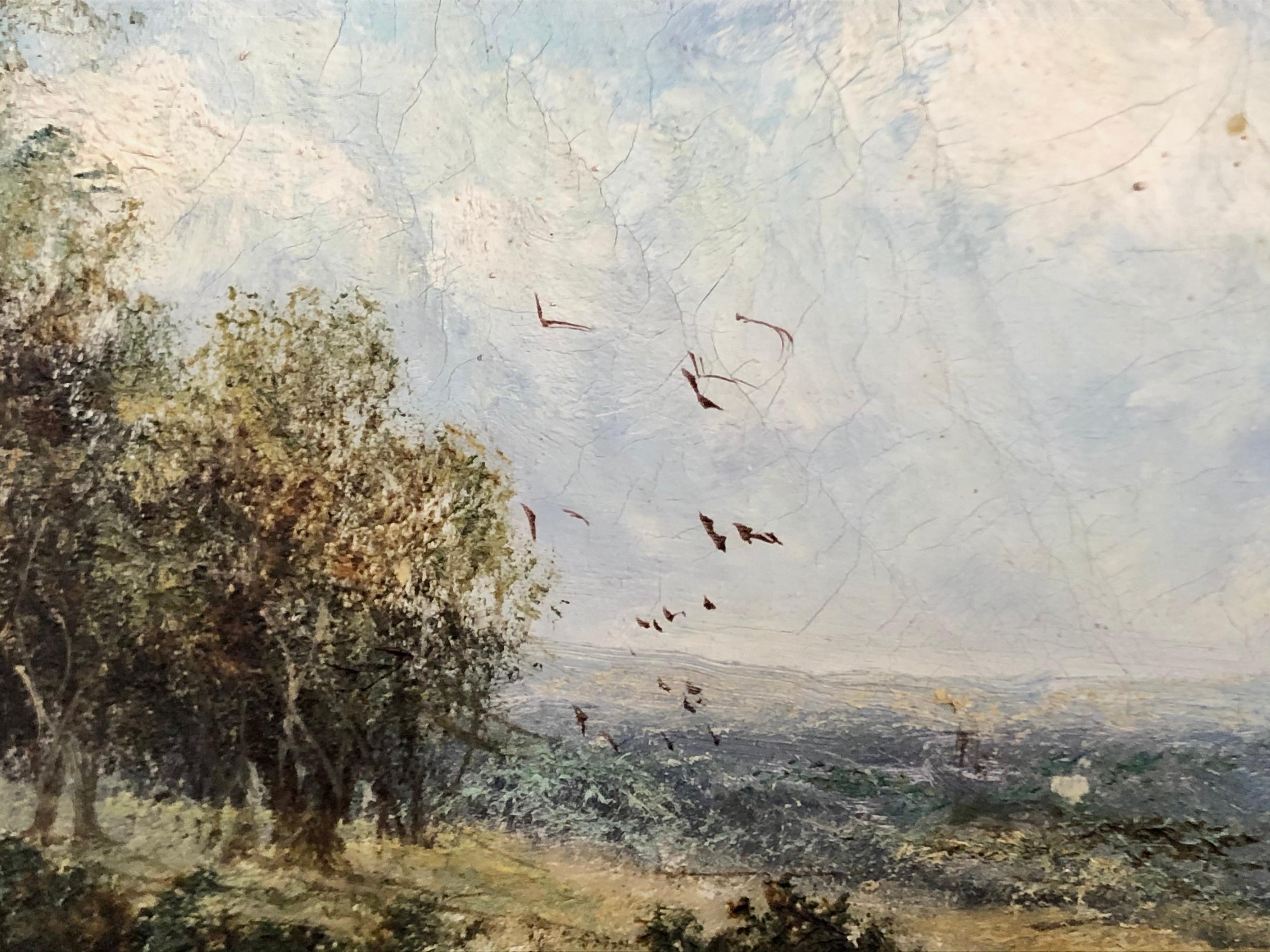 19th Century 19th C. British Pastoral Landscape, Framed Oil on Canvas, Thatched Cottage