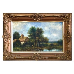 19th C. British Pastoral Landscape, Framed Oil on Canvas, Thatched Cottage