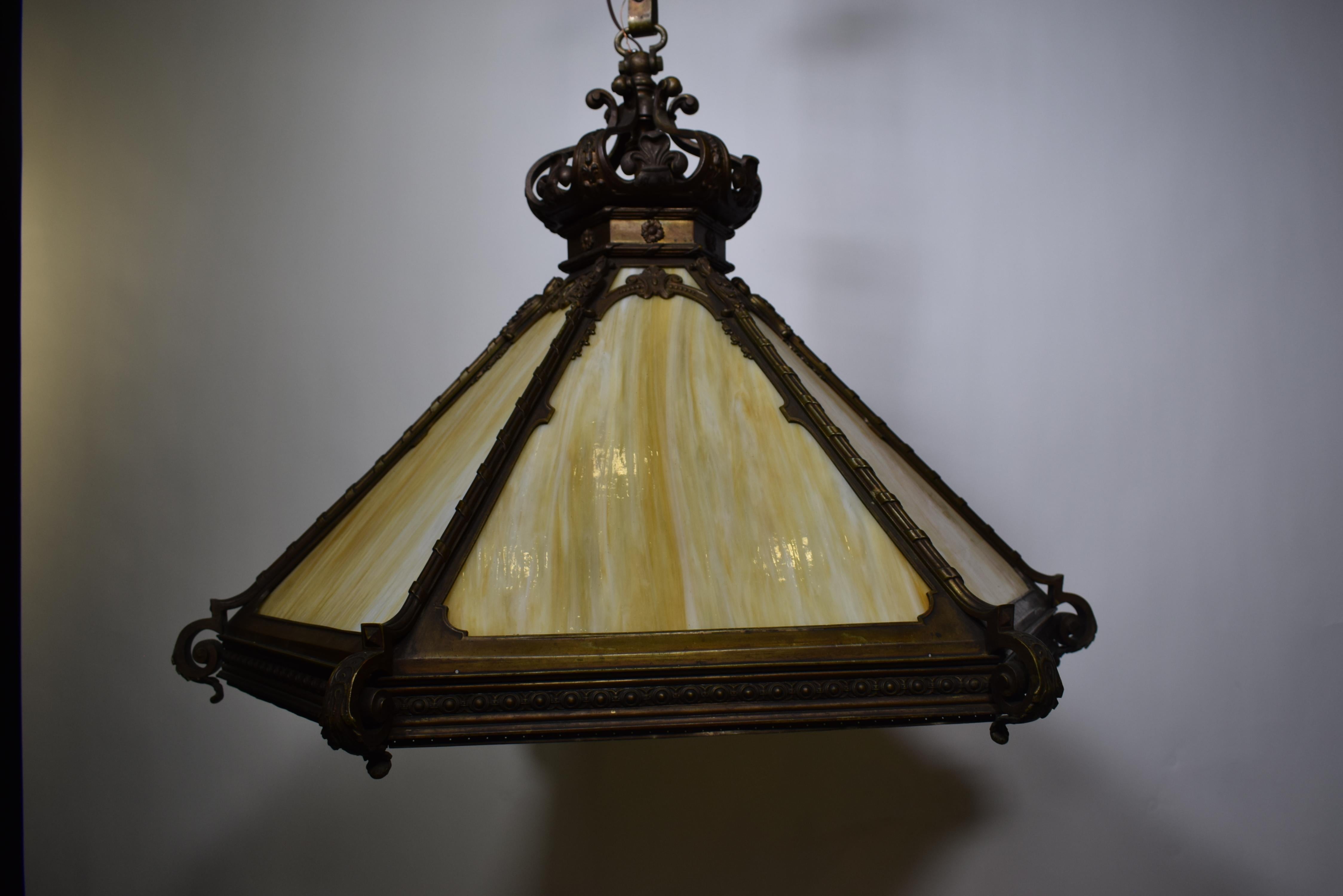 American 19th C. Bronze and Art Glass Chandelier For Sale