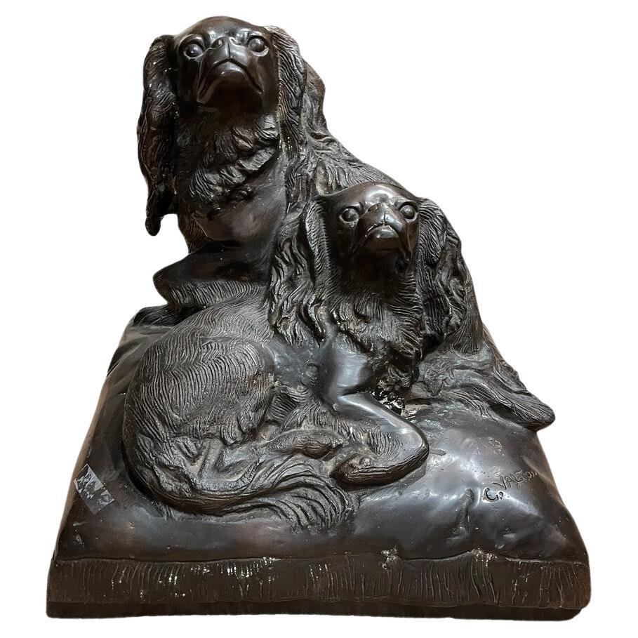 Cavalier King Charles Spaniels de bronce del siglo XIX por C. Valton