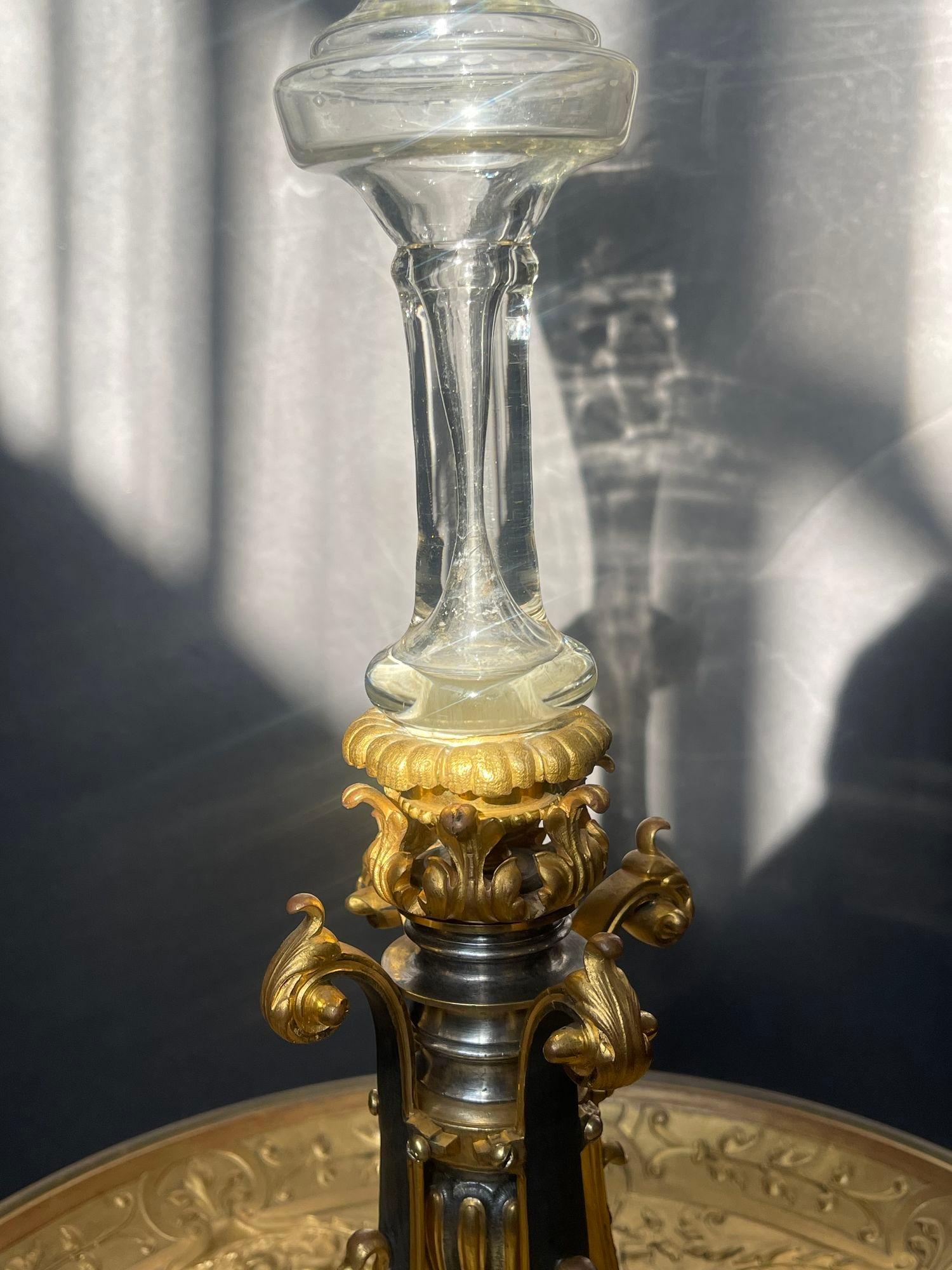 French 19th C. Bronze & Etched Baccarat Style Glass Epergne Attributed F. Barbedienne For Sale