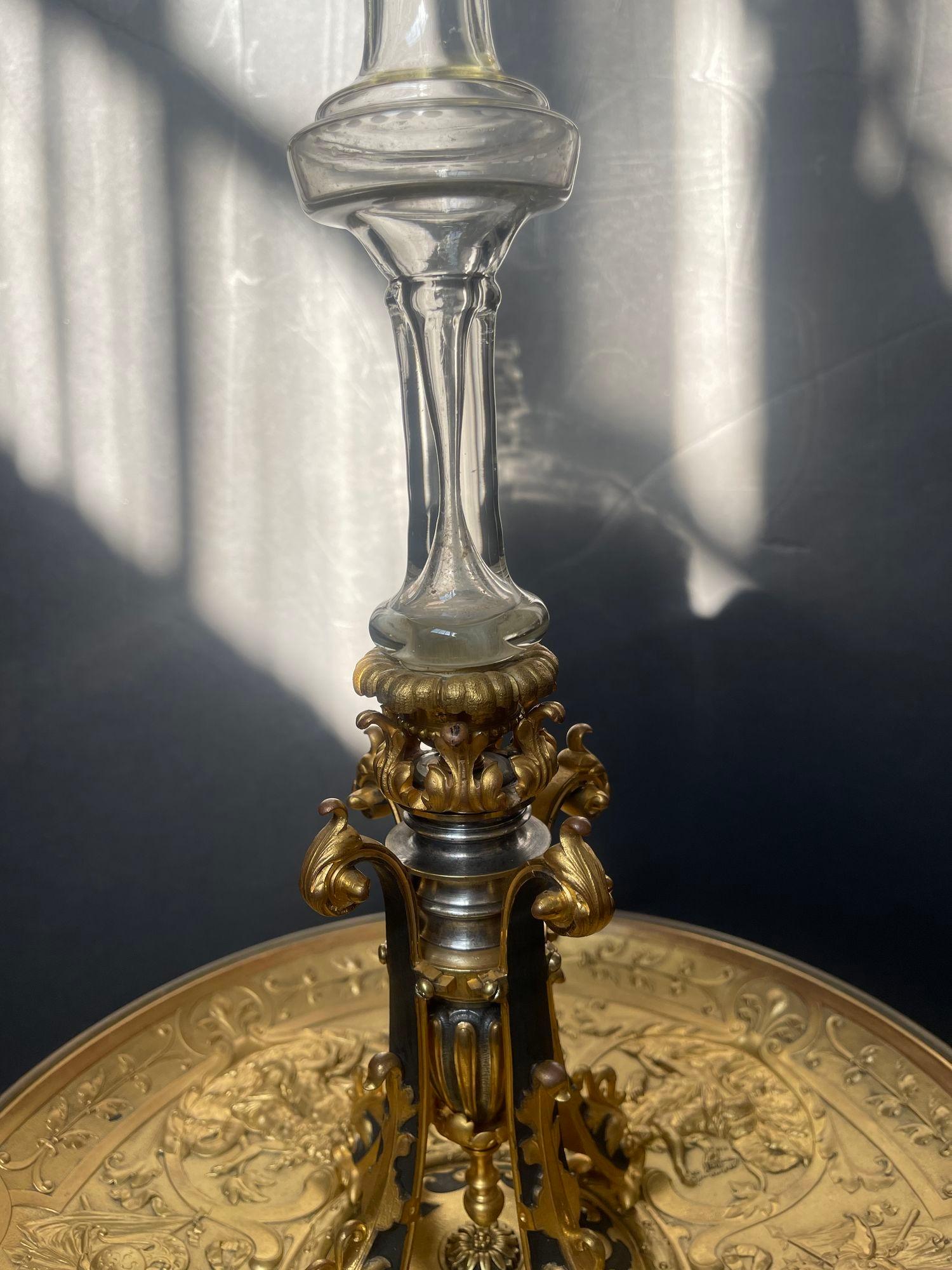 19th C. Bronze & Etched Baccarat Style Glass Epergne Attributed F. Barbedienne In Excellent Condition For Sale In Los Angeles, CA