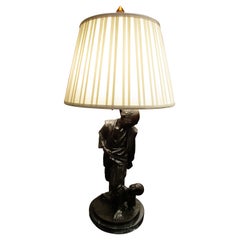 19th C Bronze of a Japanese Man with His Son Made into a Lamp, Marble Base
