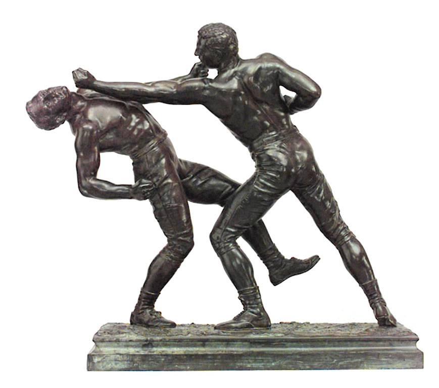 A Pierre-Eug√®ne-Emile H√©bert French Victorian bronze group of two bare fisted men boxing on a rectangular base signed E. HEBERT. (Pierre-Eug√®ne-Emile H√©bert)

