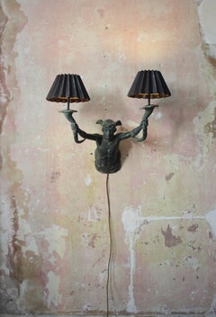 19th C Bronze Wall Sconce Light Mercury Holding Cornucopias Verdigris Grand Tour