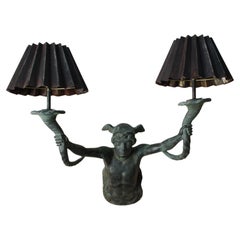 19th C Bronze Wall Sconce Light Mercury Holding Cornucopias Verdigris Grand Tour