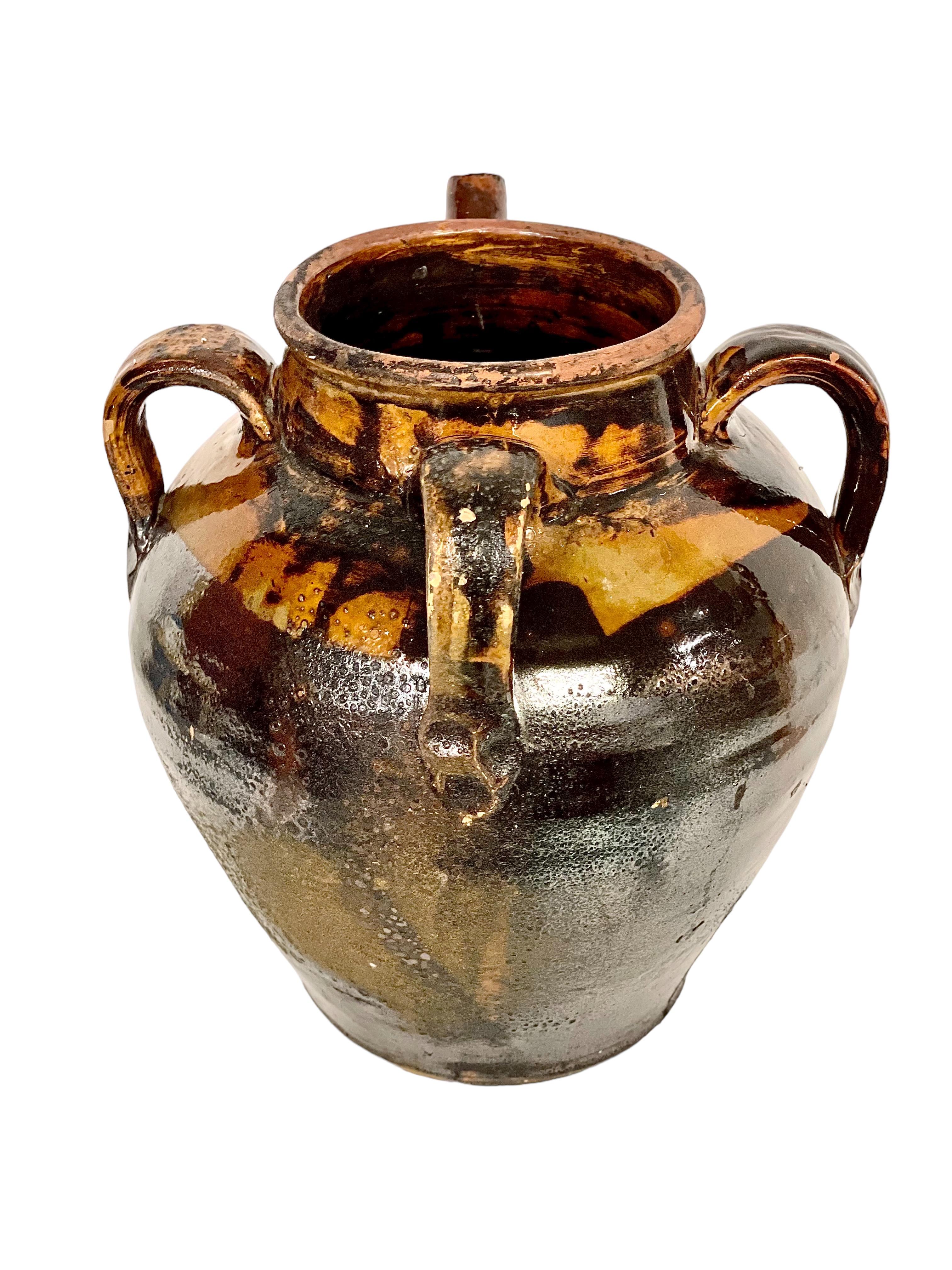 19th C. Brown and Yellow Glazed Oil Jar For Sale 3