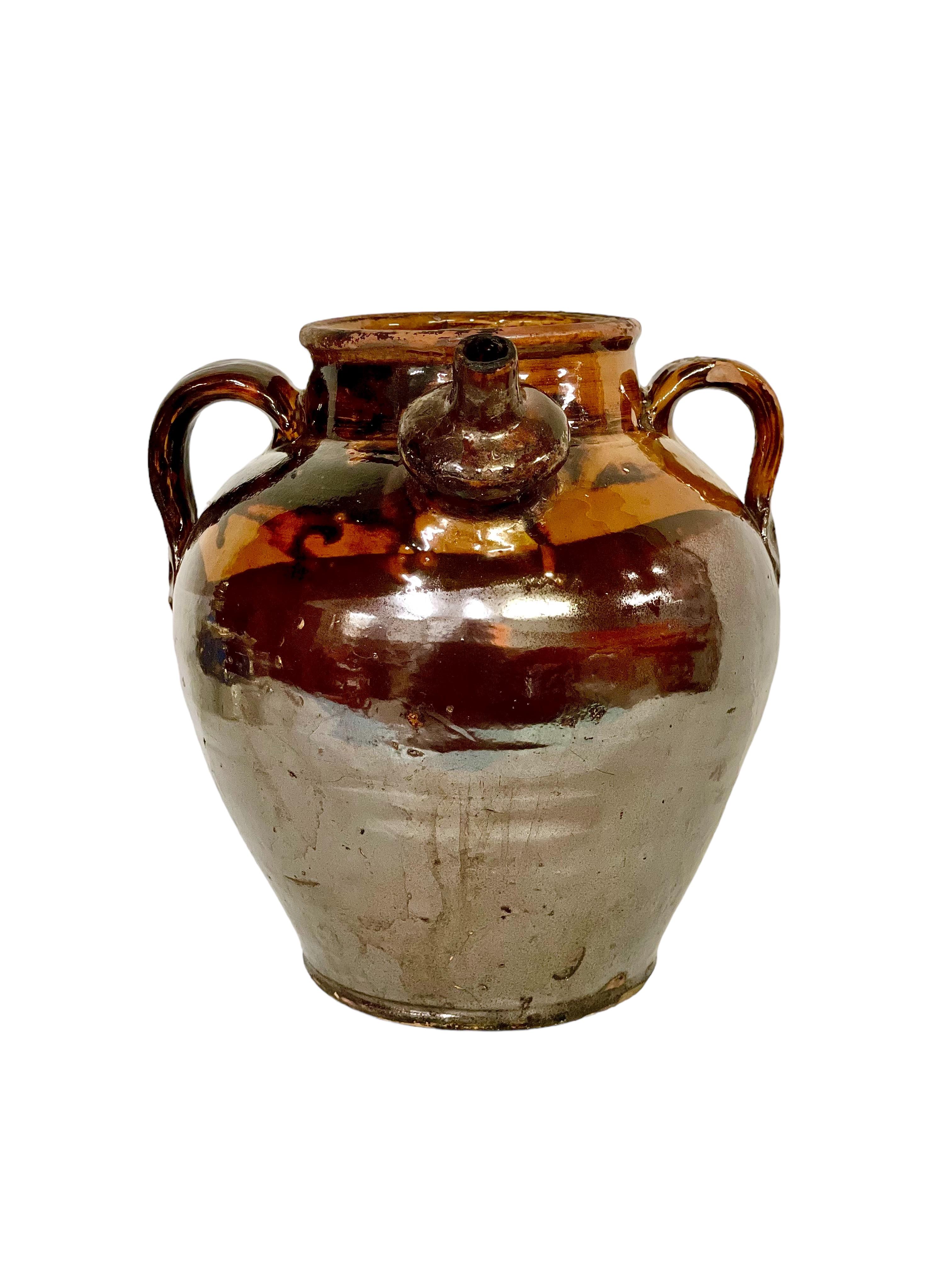 Country 19th C. Brown and Yellow Glazed Oil Jar For Sale