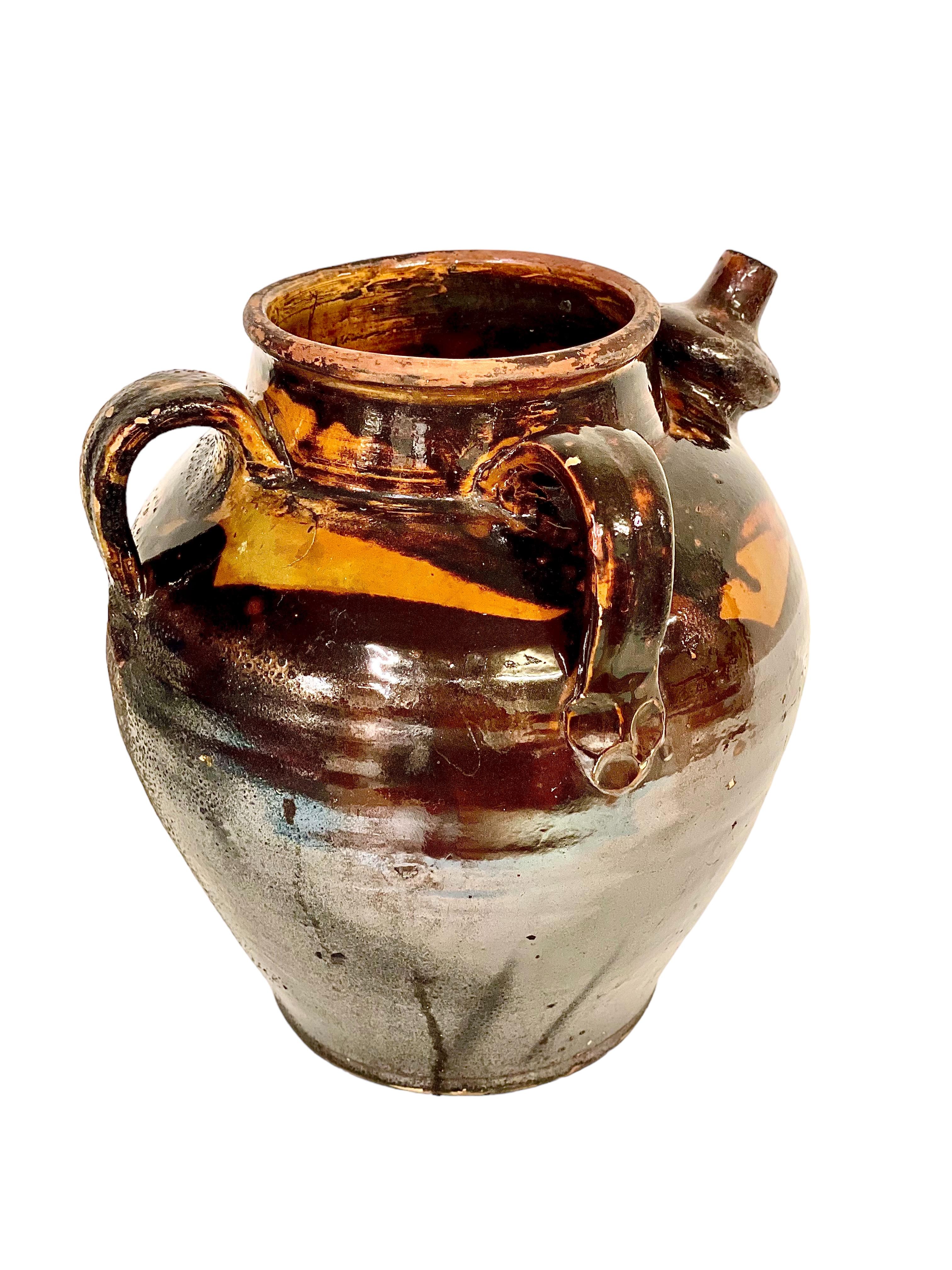 French 19th C. Brown and Yellow Glazed Oil Jar For Sale