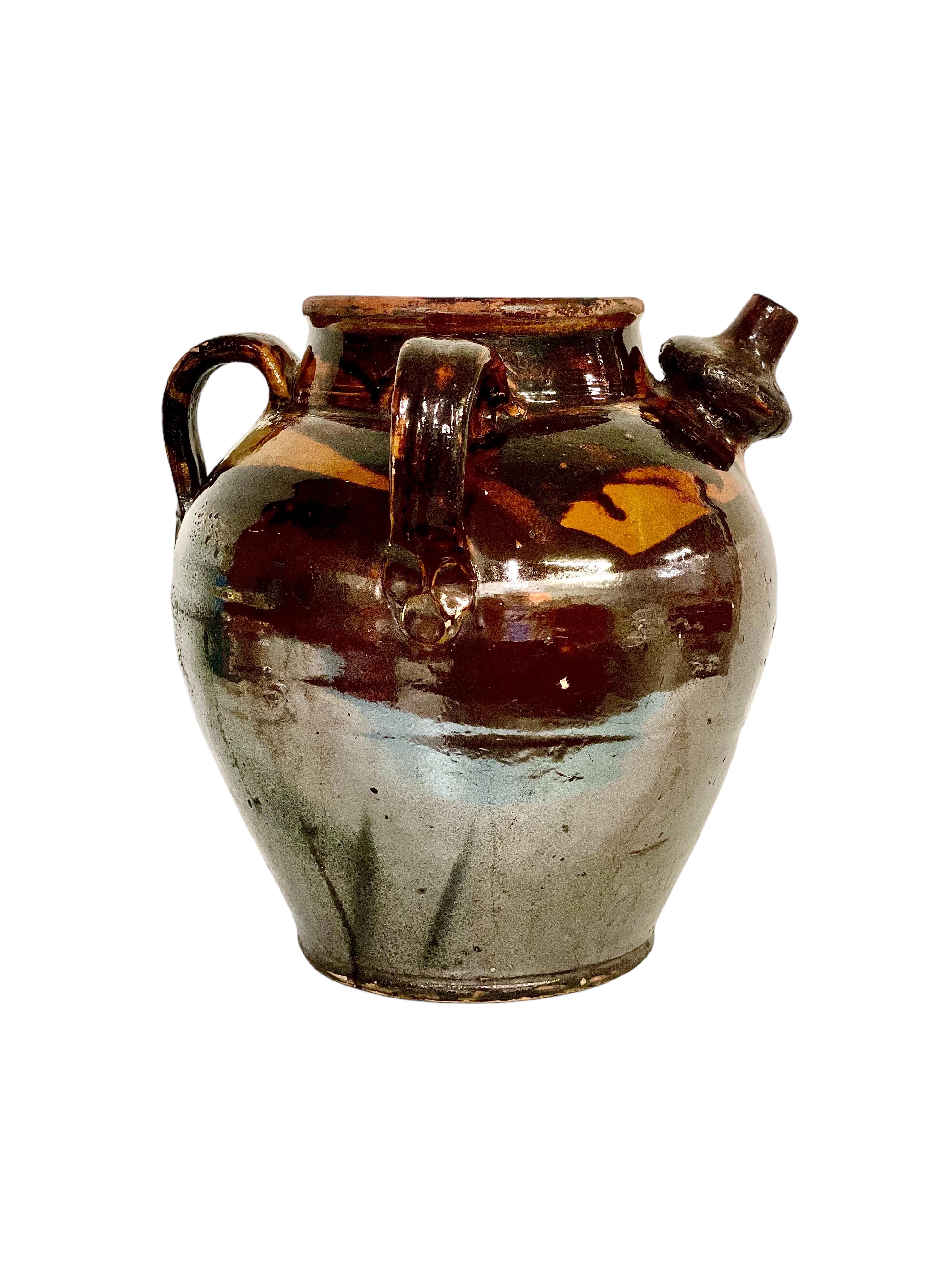19th Century 19th C. Brown and Yellow Glazed Oil Jar For Sale