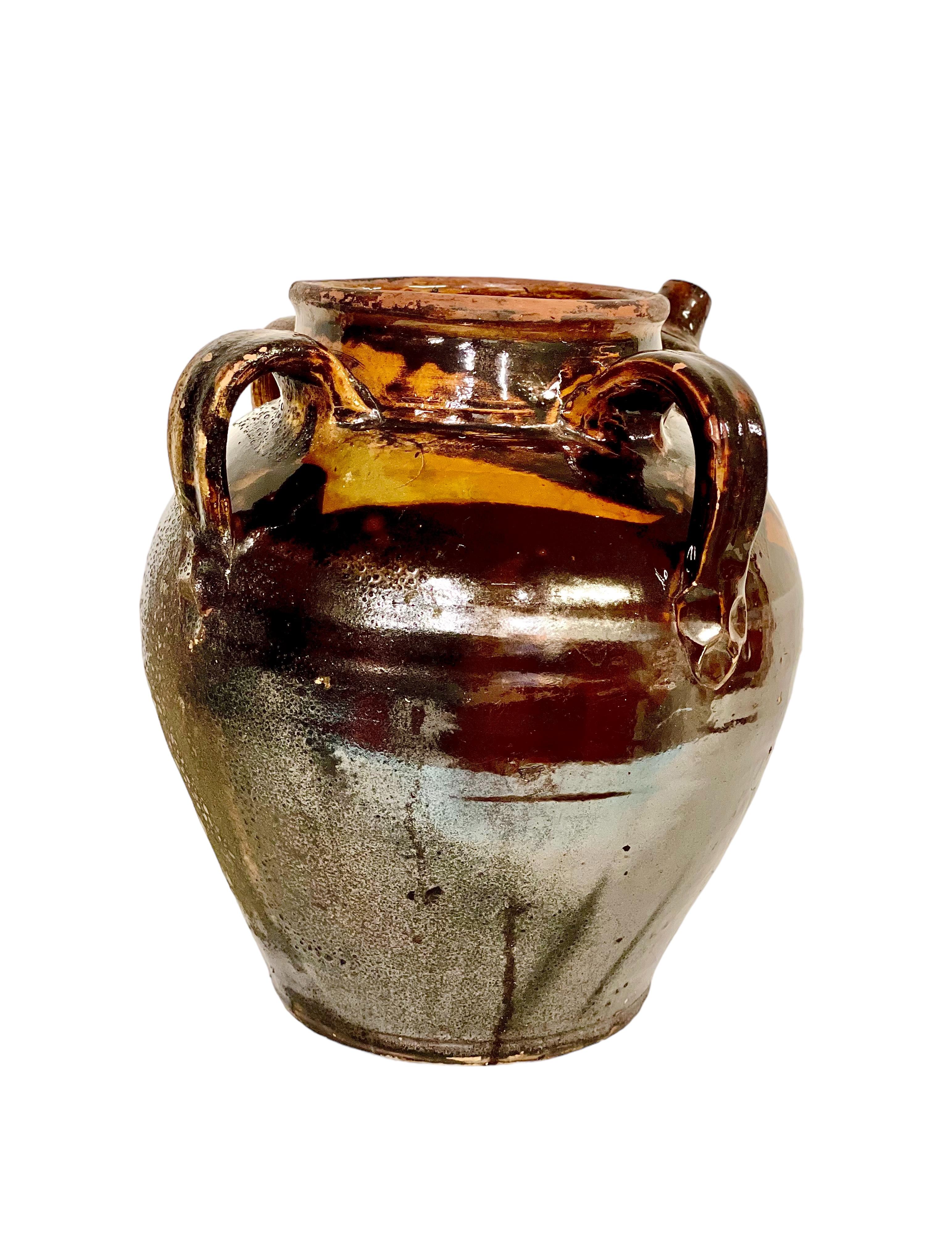 Earthenware 19th C. Brown and Yellow Glazed Oil Jar For Sale